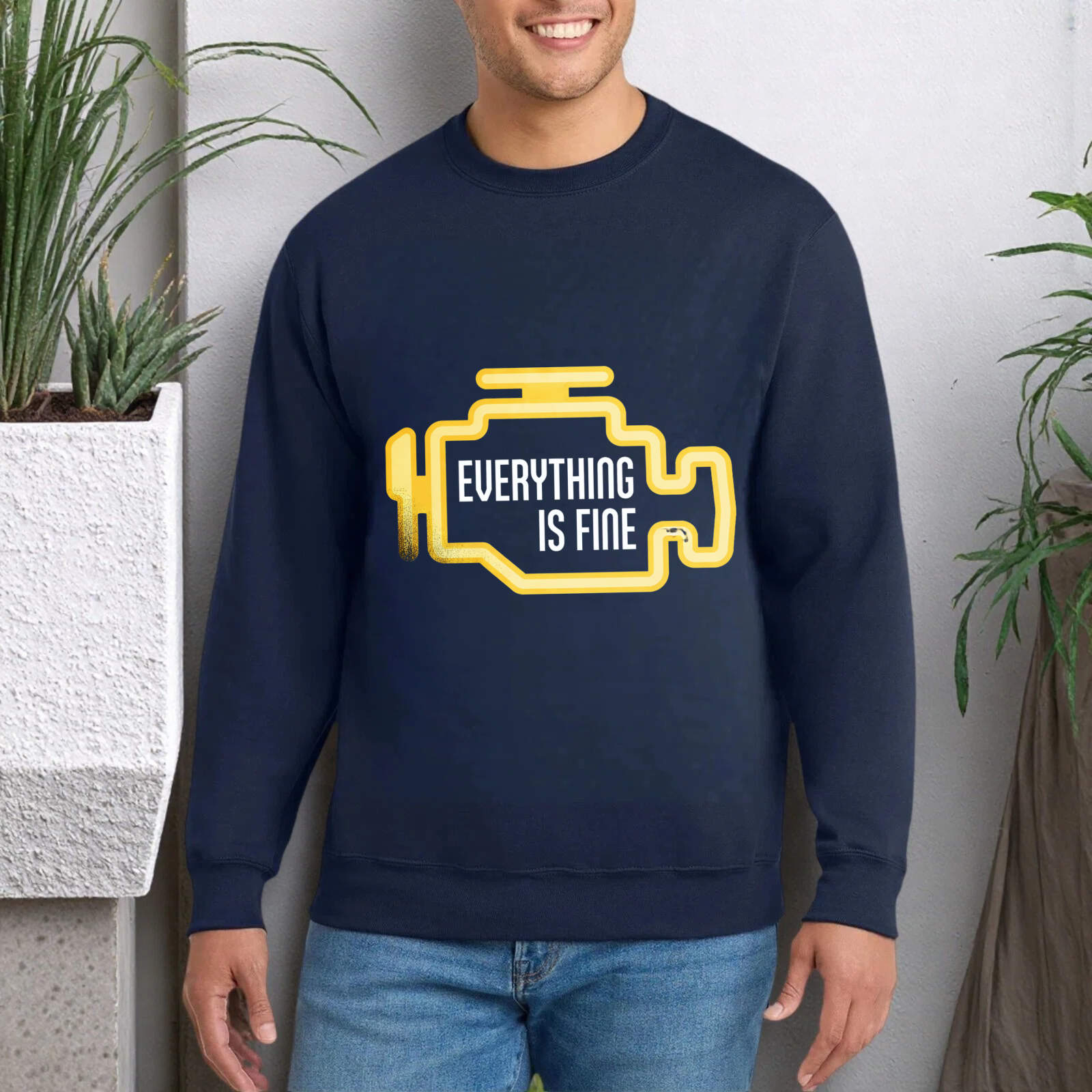 TEECURENT Everything Is Fine Sweatshirt Black With Yellow Graphic Design Casual Crewneck Pullover For Men Women Unisex Fashion Statement Top