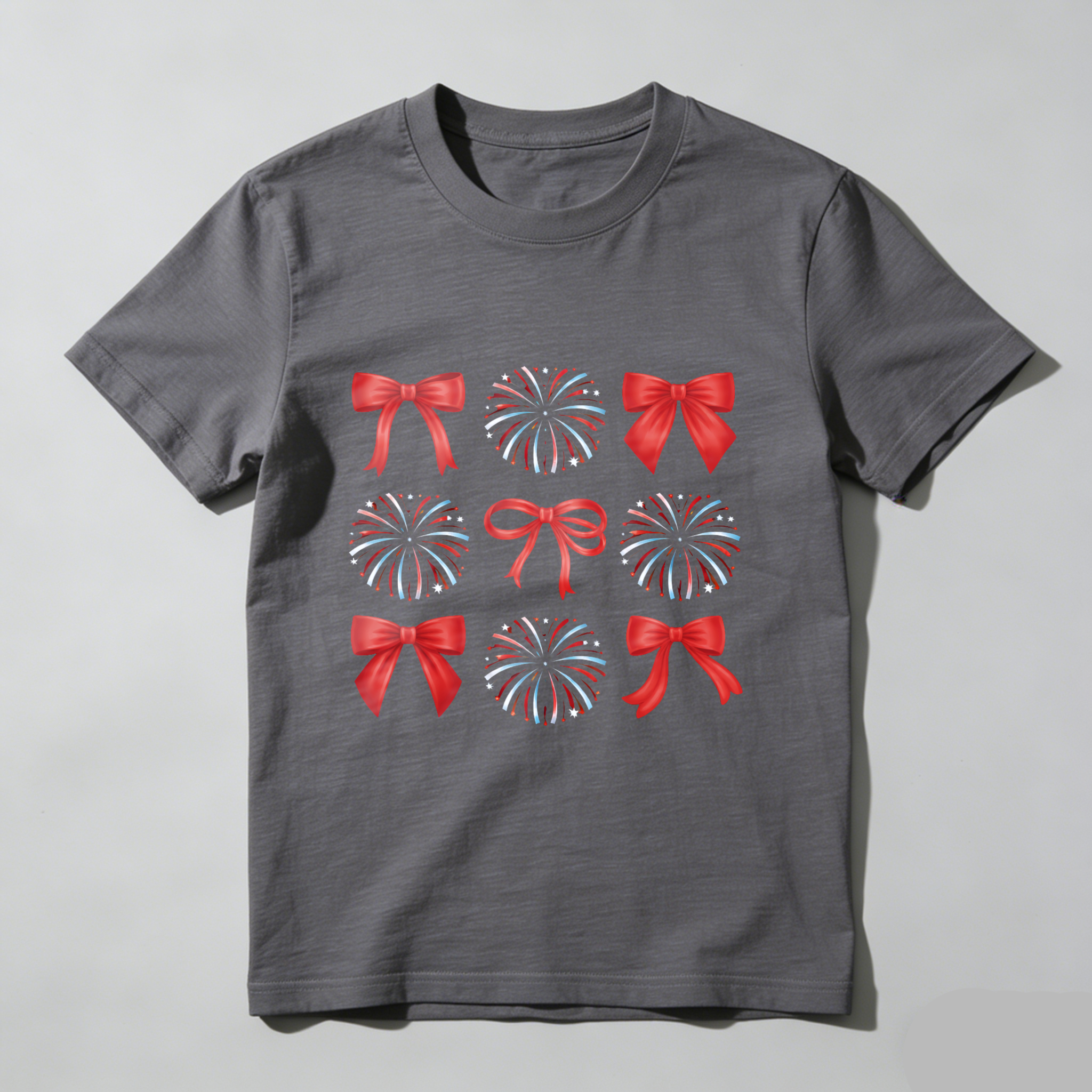 TEECURENT Patriotic Fireworks And Red Bows Design T Shirt For Independence Day Celebration WOMEN