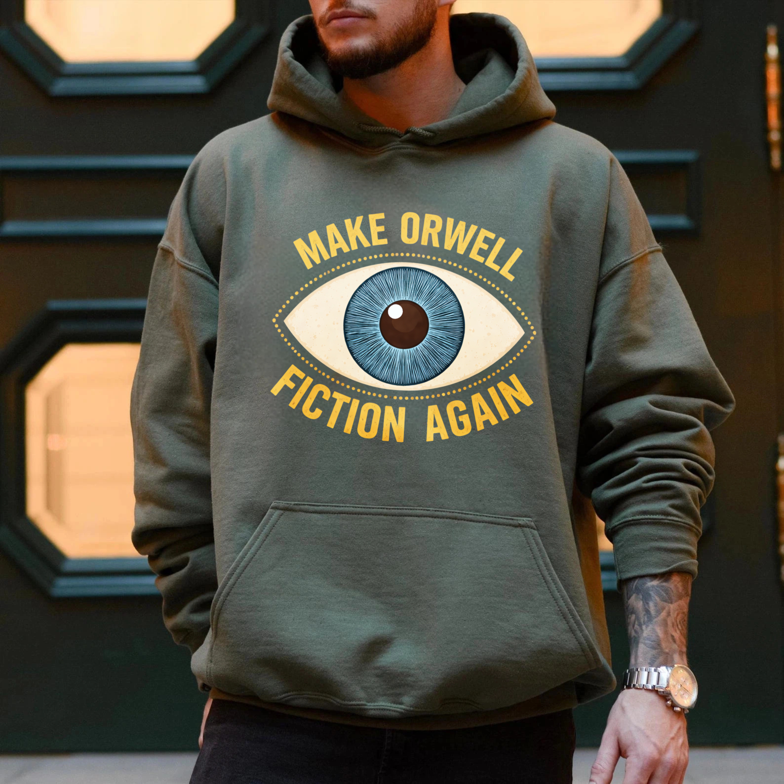 TEECURENT Gildan Make Orwell Fiction Again Hoodie With Eye Graphic Black Sweatshirt For Men Women Unisex Casual Wear Book Lovers Gift