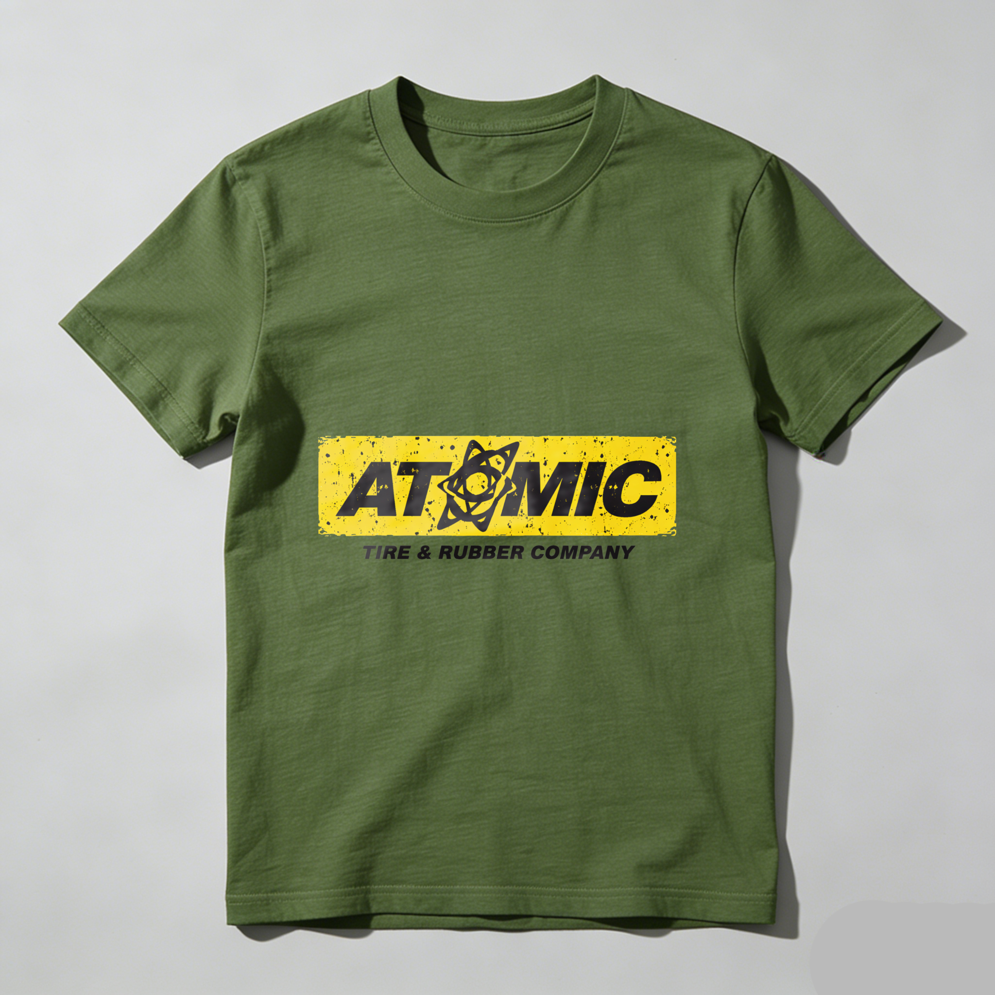 Atomic Tire Rubber Company Black T Shirt With Yellow Logo Design