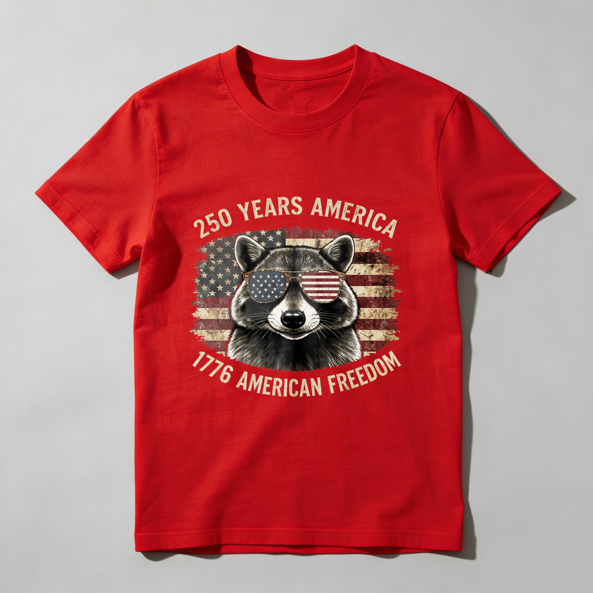 250 Years America 1776 American Freedom Raccoon With Usa Flag Sunglasses T Shirt