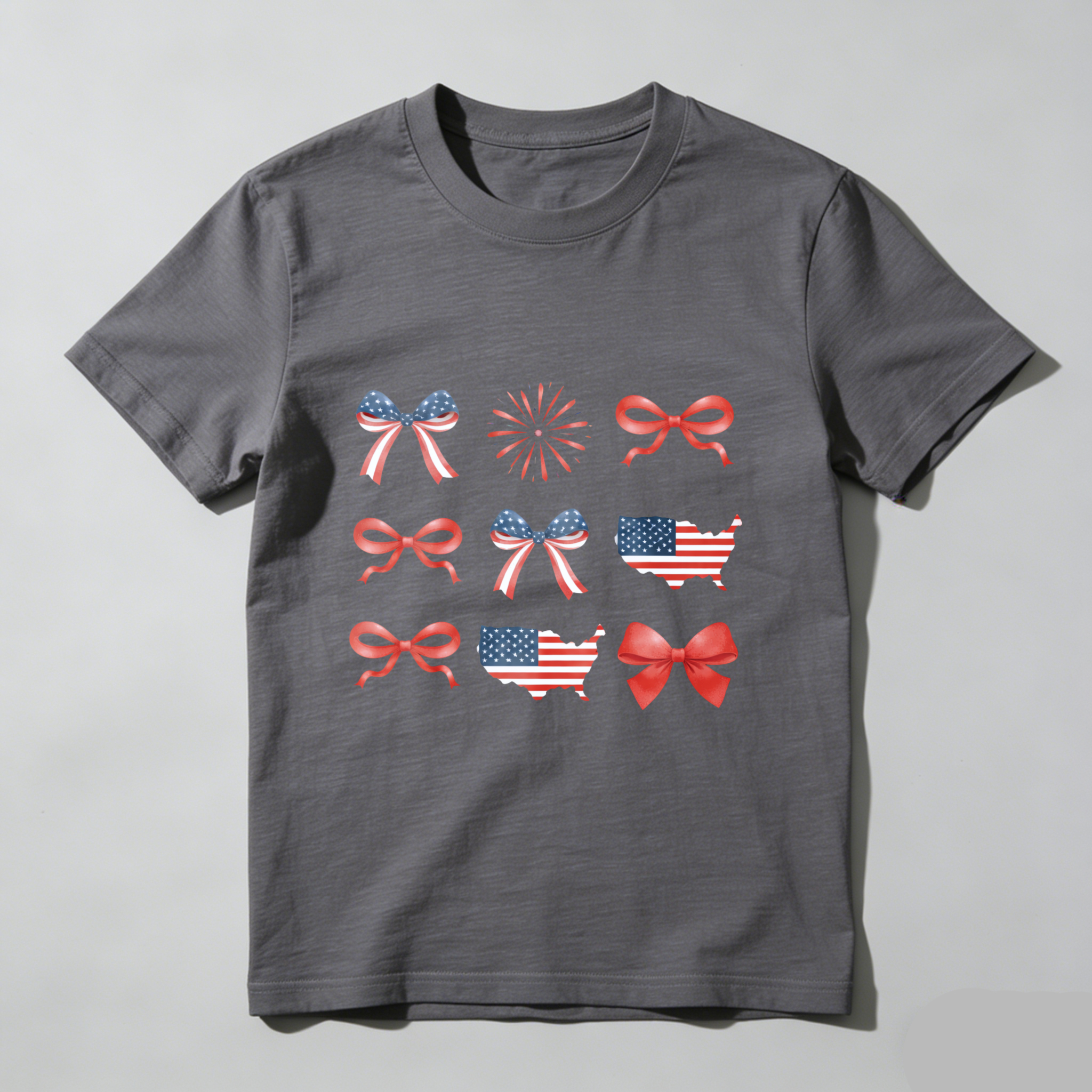 TEECURENT Patriotic Usa Flag Bow Fireworks Map T Shirt Independence Day Celebration Apparel WOMEN