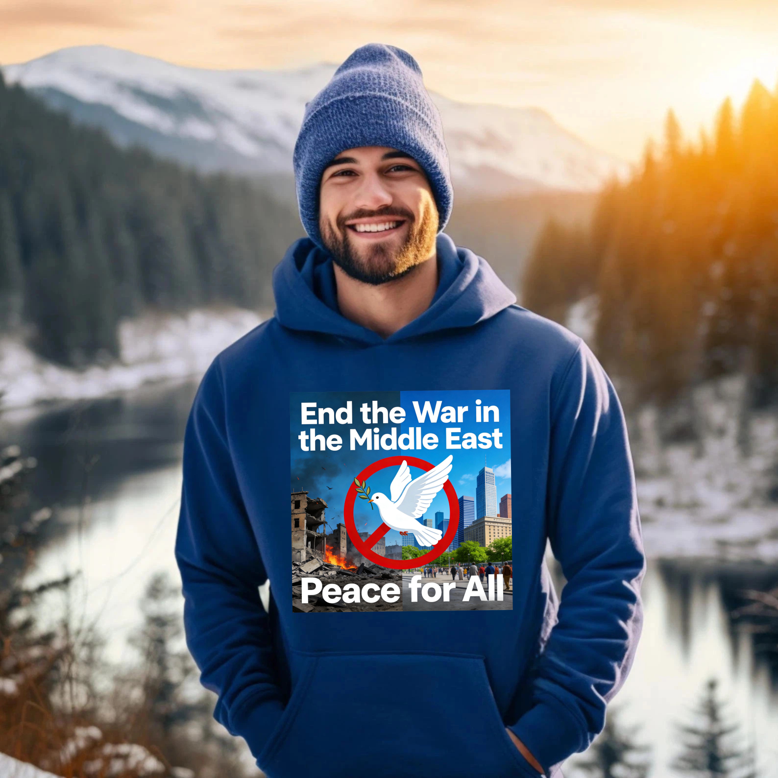 TEECURENT End The War In The Middle East Peace For All Hoodie With Dove And Cityscape Design