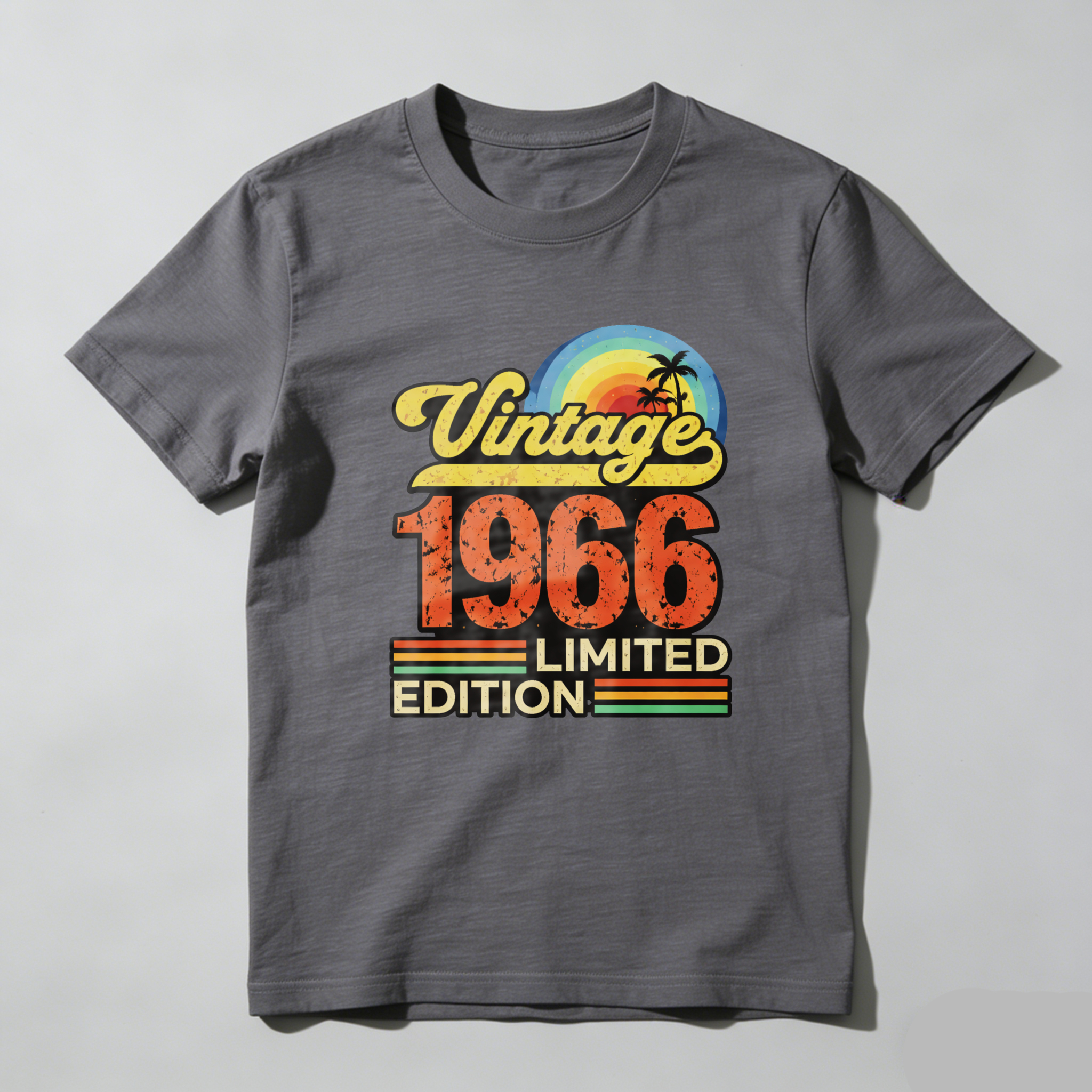 TEECURENTVintage 1966 Limited Edition T Shirt Retro Palm Tree Sunset Design Black Men Women Unisex Casual Wear-TeeCurent