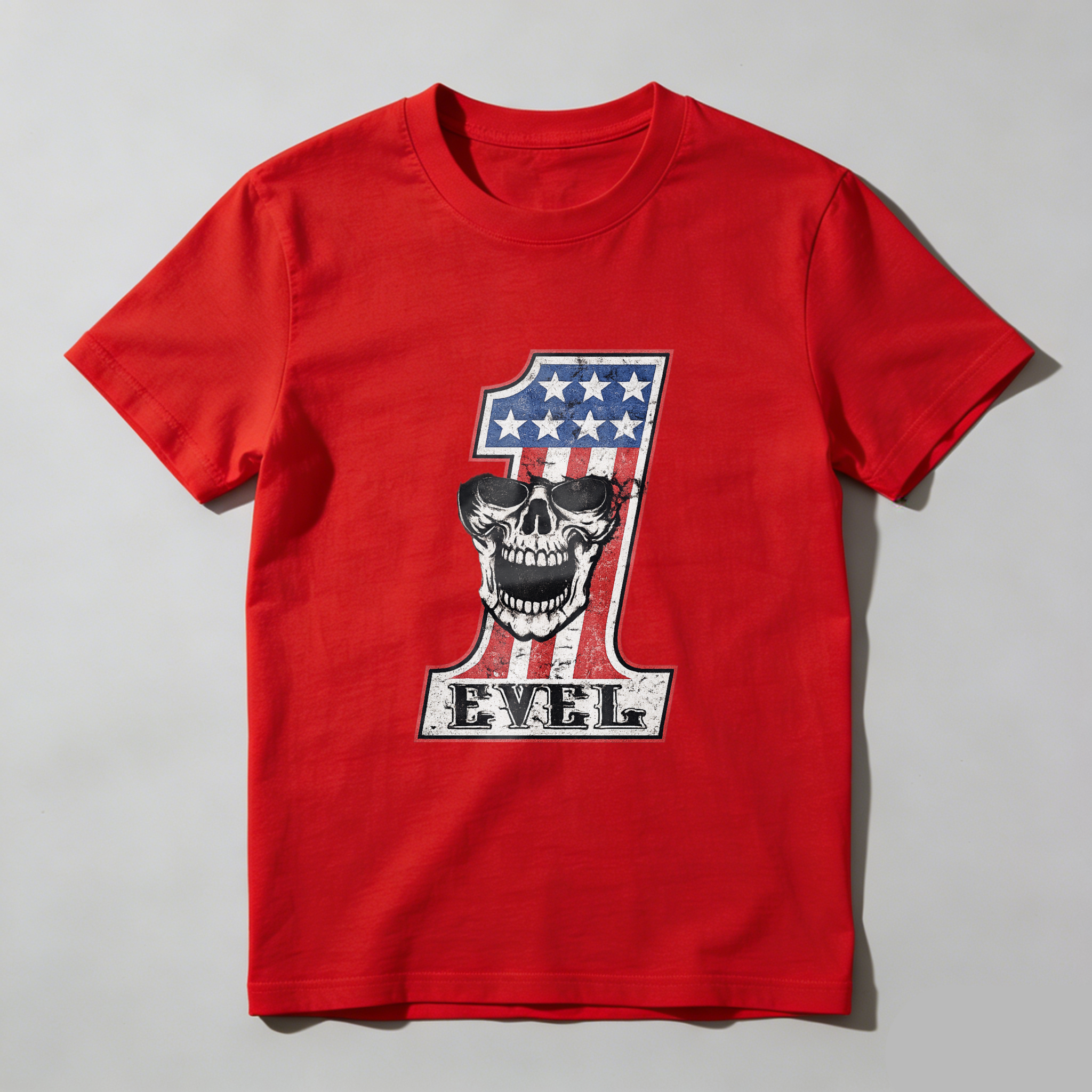 Level One American Flag Skull Design Black T-Shirt Made In Usa