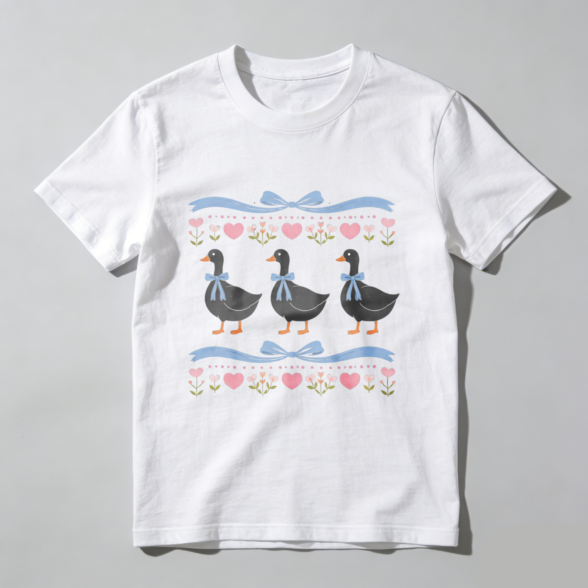 Duck Pattern T Shirt With Hearts And Flowers Design For Women And Men Cute Animal Print Casual Top