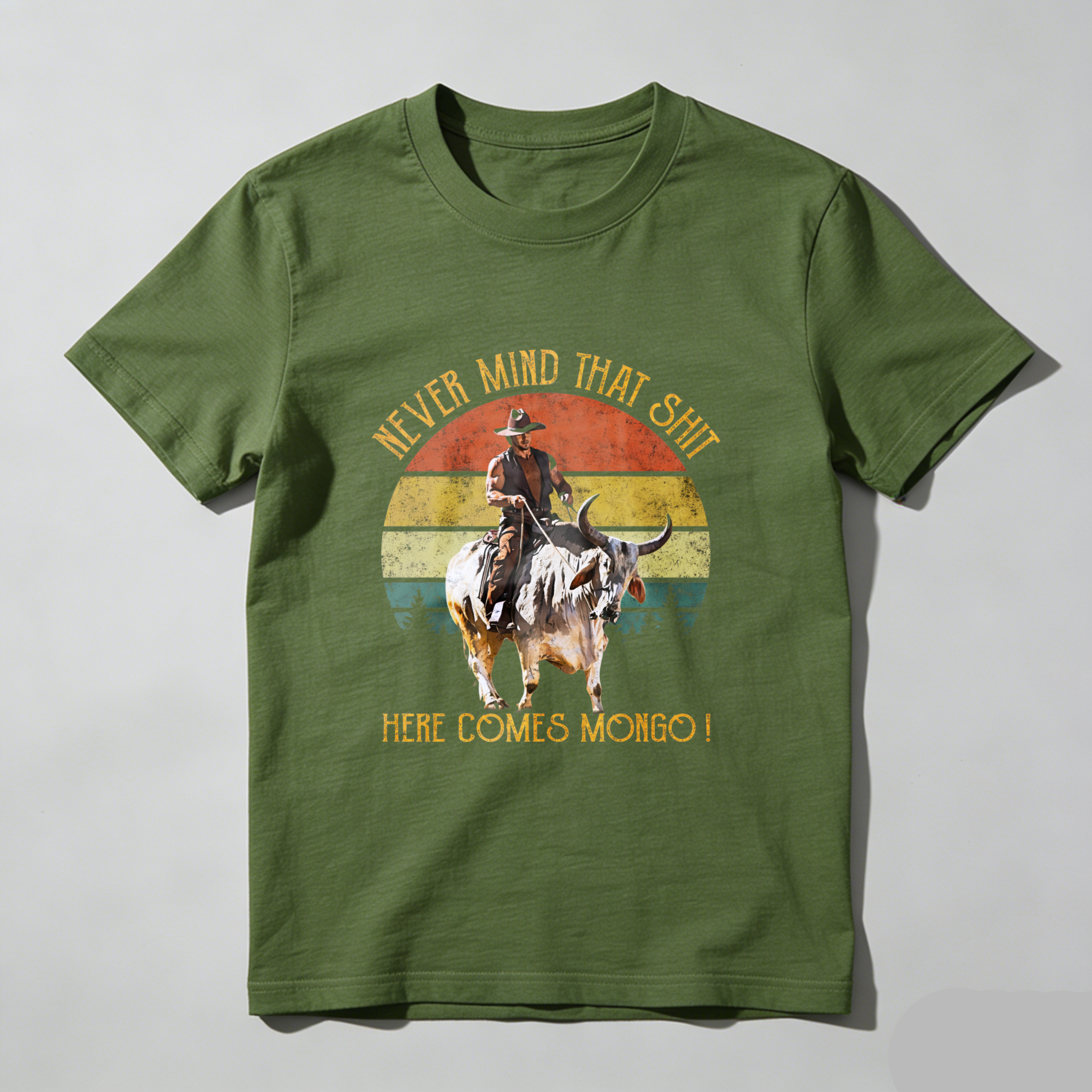 TEECURENT Never Mind That Shit Here Comes Mongo Vintage Western Cowboy Riding Bull T Shirt