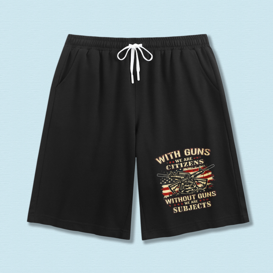 TEECURENT Black Men's Shorts With Guns We Are Citizens Without Guns We Are Subjects American Flag Graphic Print Drawstring Athletic Shorts