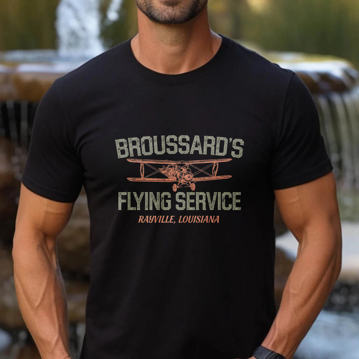 Broussards Flying Service T-Shirt Rastville Louisiana Vintage Airplane Design Men's Black Cotton Shirt