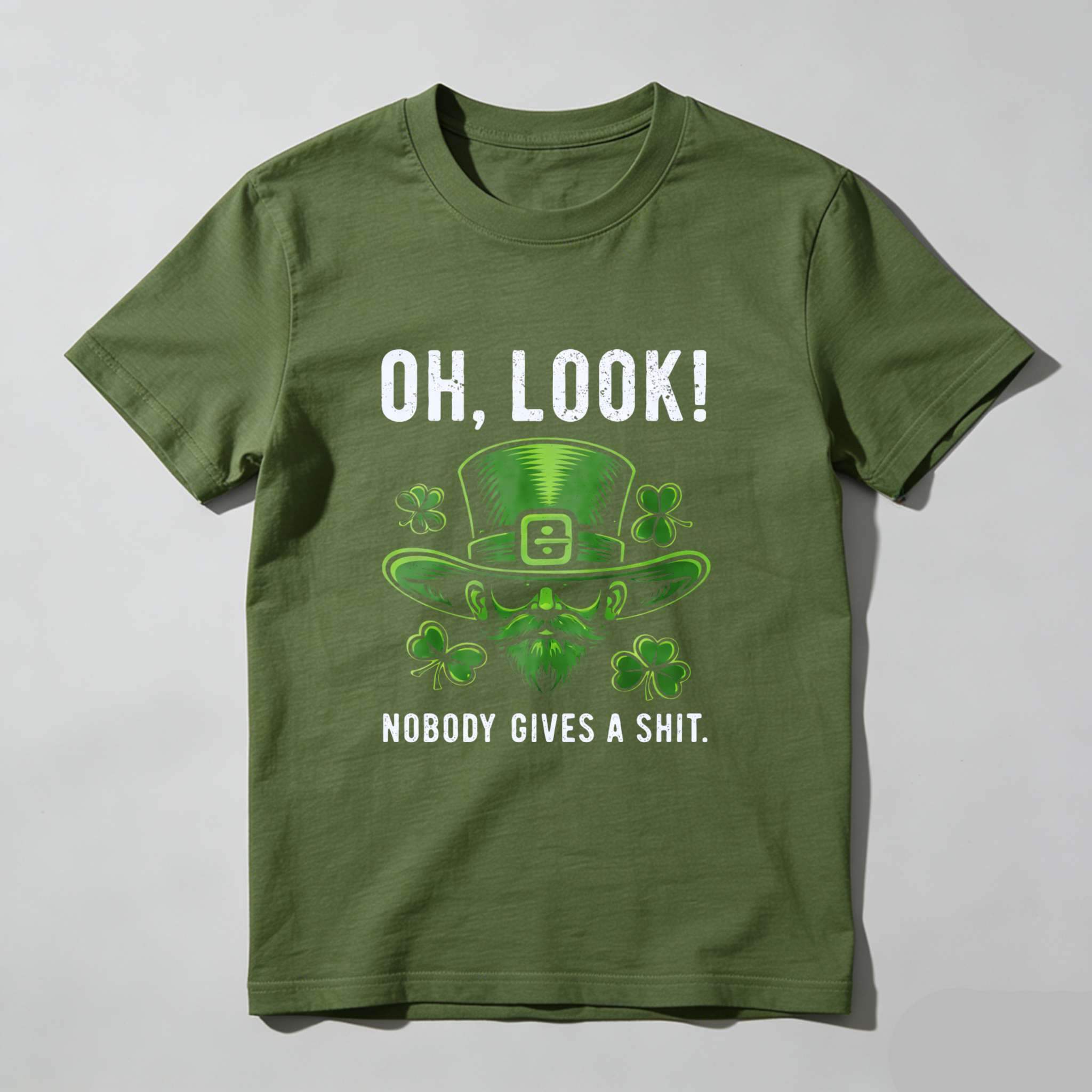 TEECURENT Oh Look Nobody Gives A Shit St Patrick's Day T-Shirt With Leprechaun Hat And Shamrocks Design For Men Women Funny Irish Holiday Shirt