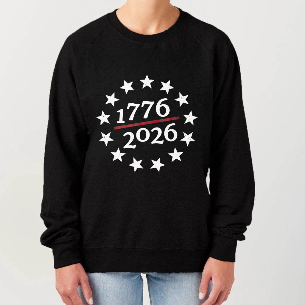 Black Sweatshirt 1776 2026 Stars Design American Independence Day Celebration Apparel Unisex Crewneck Pullover Casual Wear