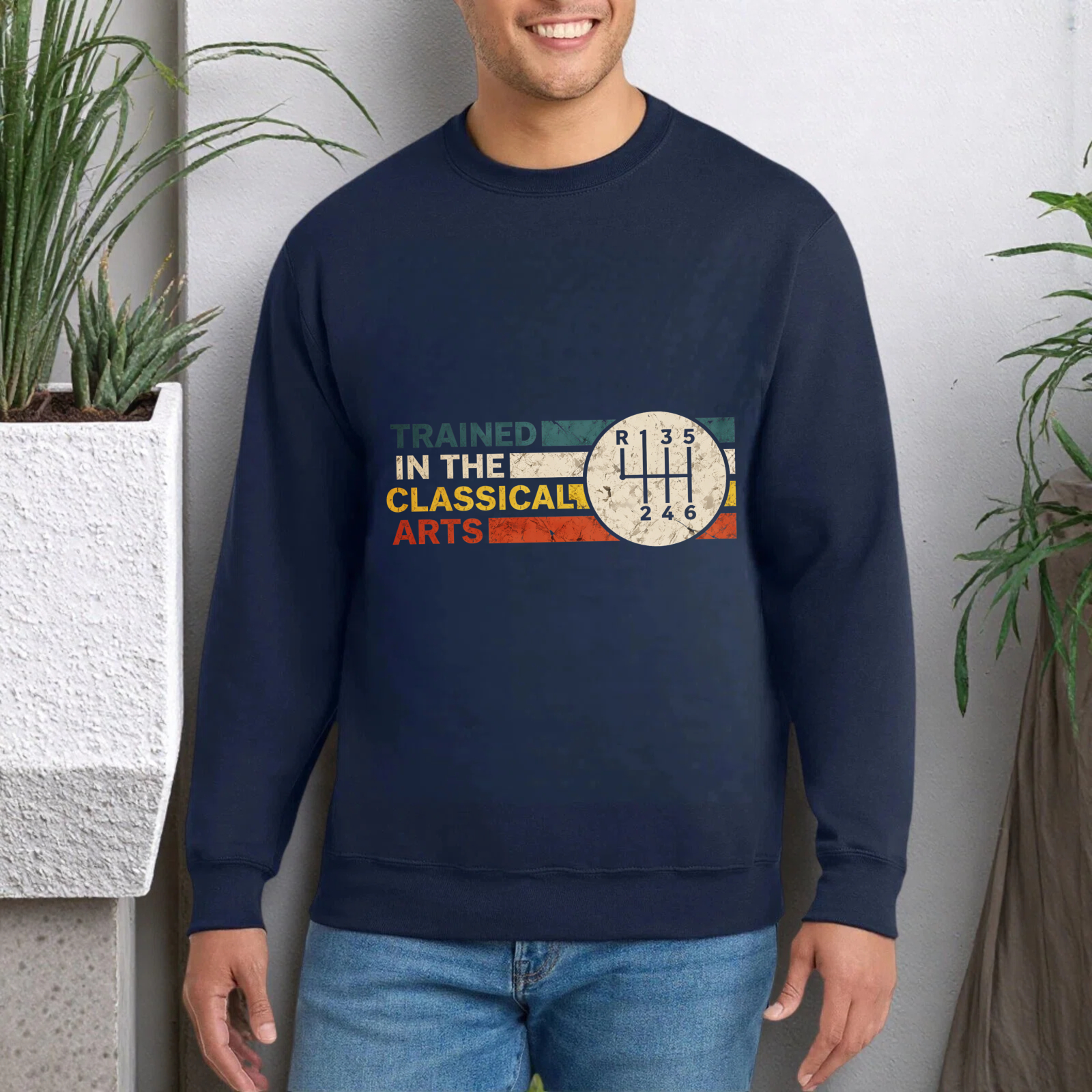 TEECURENT Trained In The Classical Arts Sweatshirt With Gear Shift Design Black Crewneck Pullover
