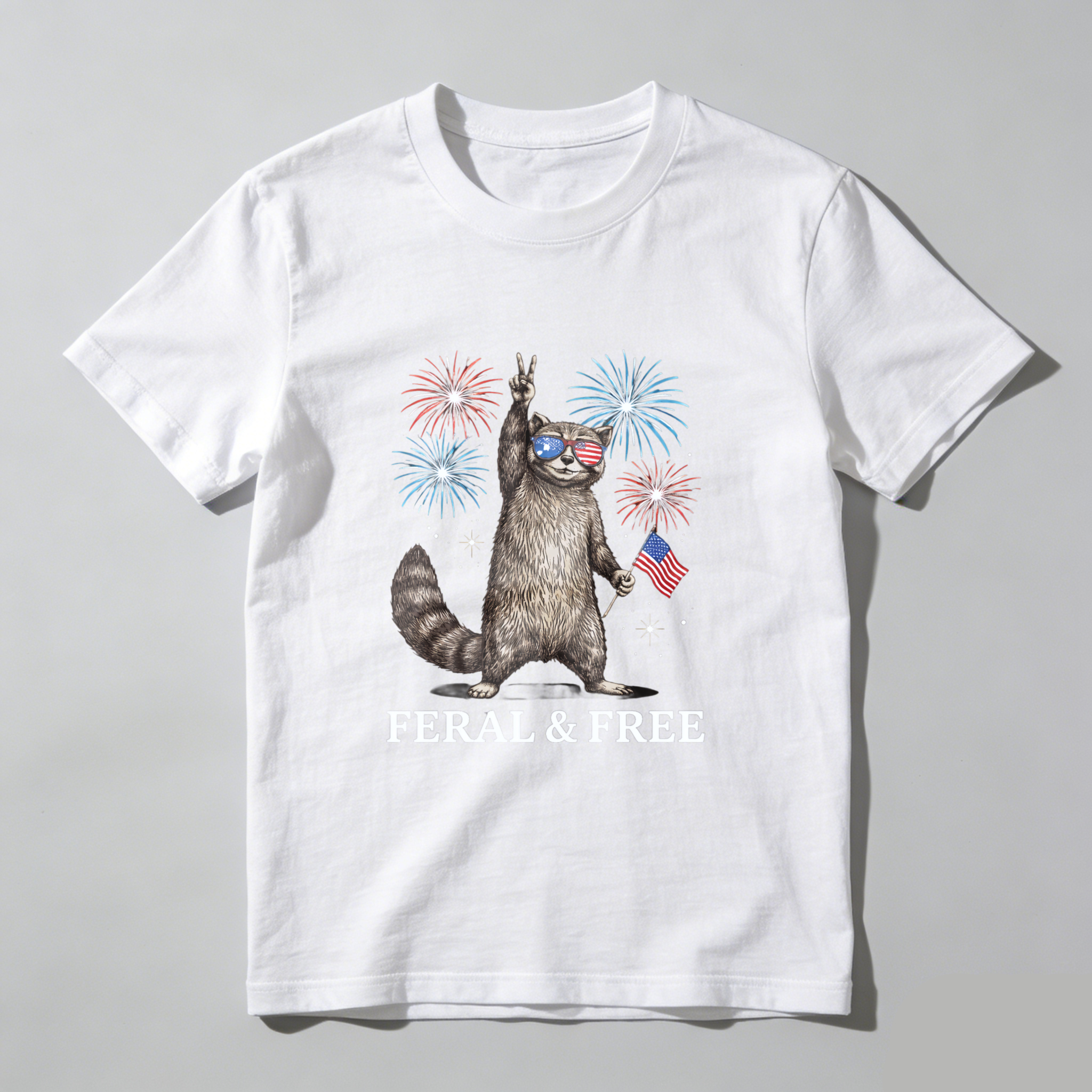TEECURENT Feral And Free Cat With American Flag And Fireworks T Shirt WOMEN