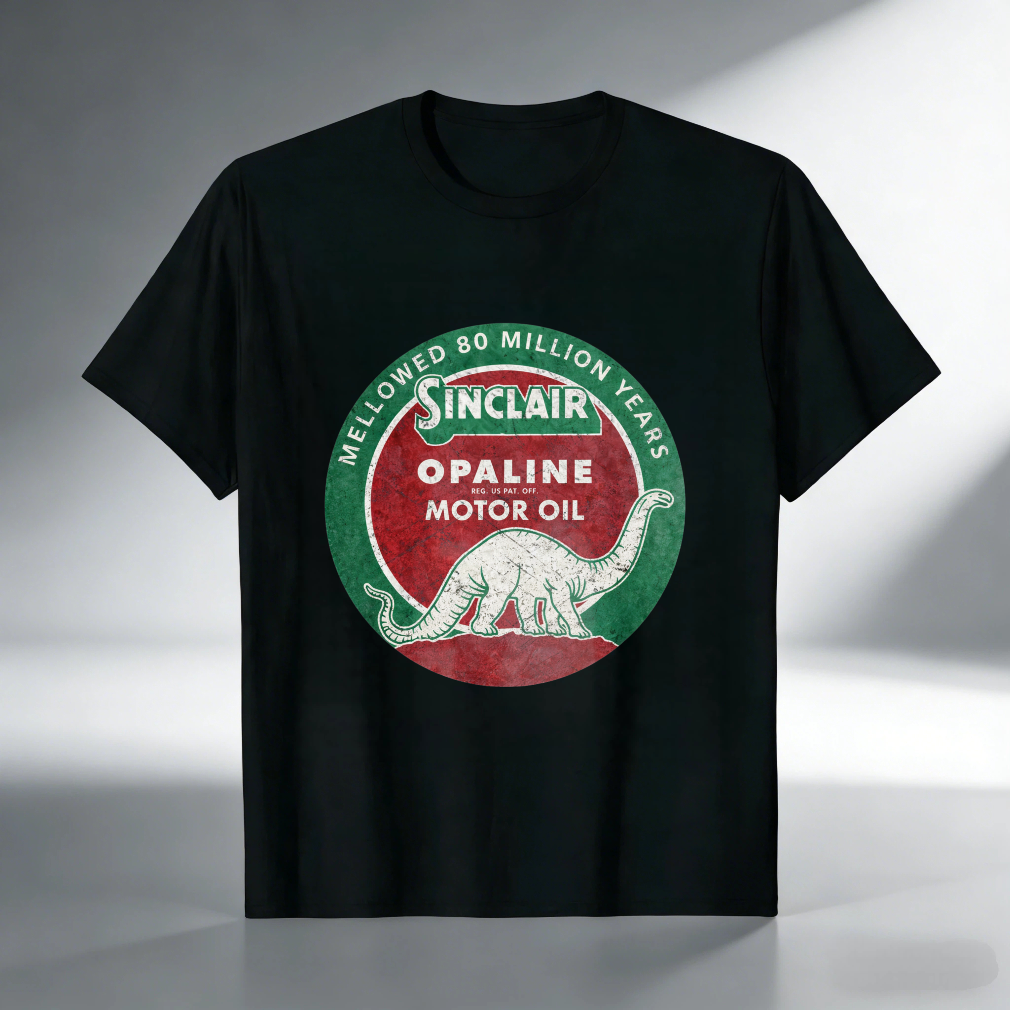 Sinclair Opaline Motor Oil Dinosaur Logo T Shirt Vintage Petroleum Brand Design Black Cotton Tee