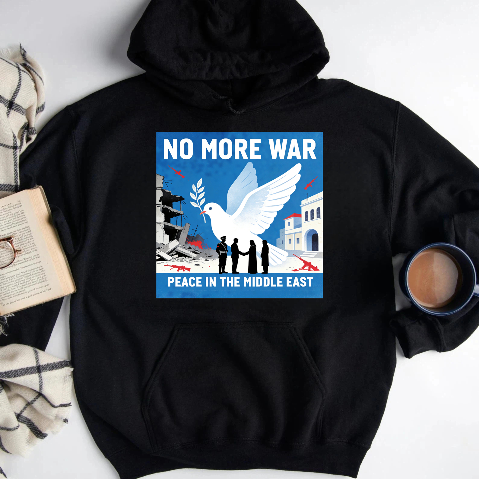 TEECURENT No More War Peace In The Middle East Hoodie With Dove And Olive Branch Design For Peace Advocates