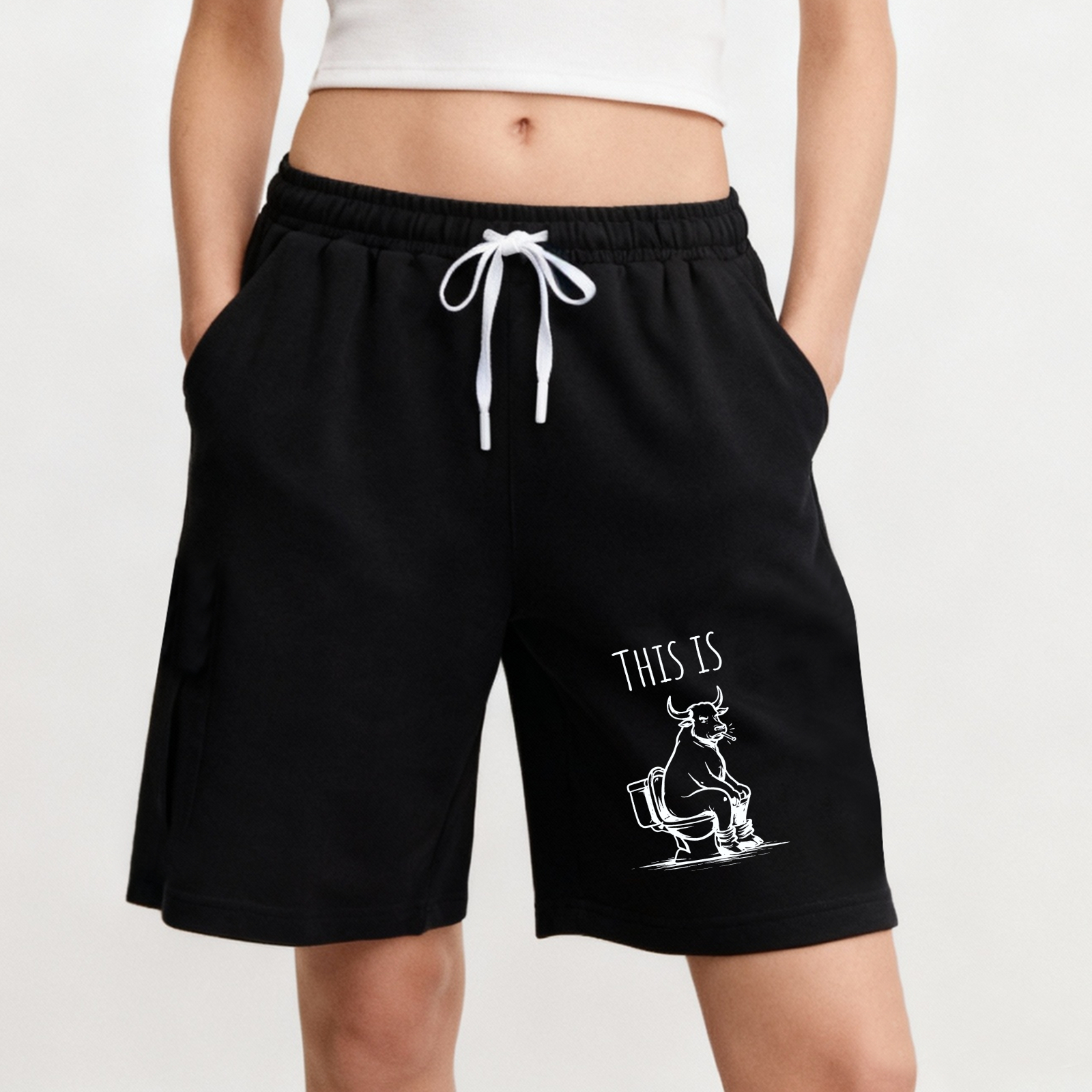 TEECURENT This Is Bull Funny Cow On Toilet Graphic Print Men's Shorts Casual Drawstring Athletic Wear