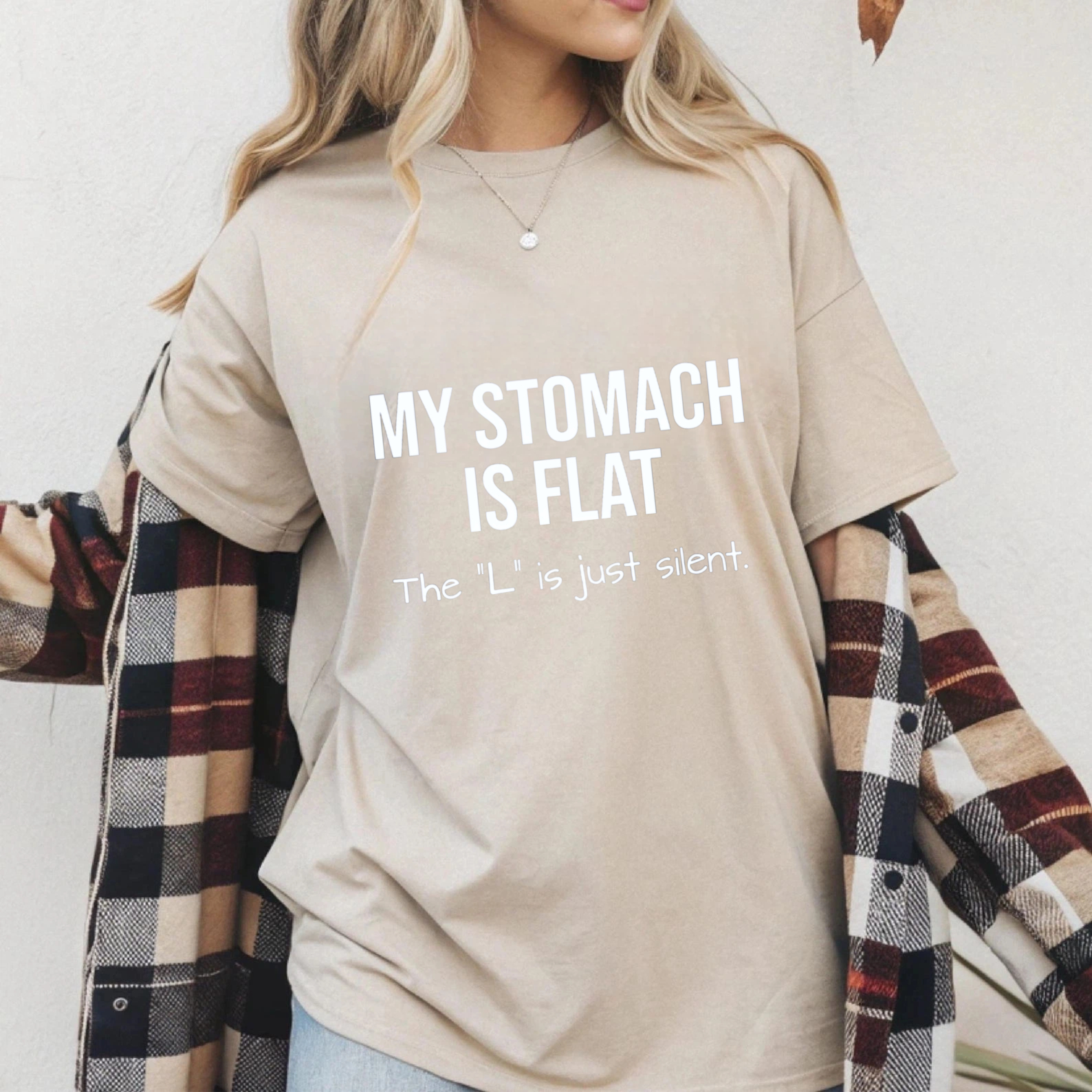 TEECURENT My Stomach Is Flat The L Is Just Silent Humor T Shirt Funny Slogan Tee Shirt For Men Women Casual Wear WOMEN