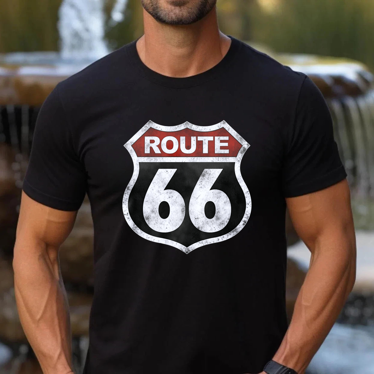 Route 66 Classic Highway Sign T-Shirt Black Vintage Road Trip Design Men Women Unisex Casual Wear