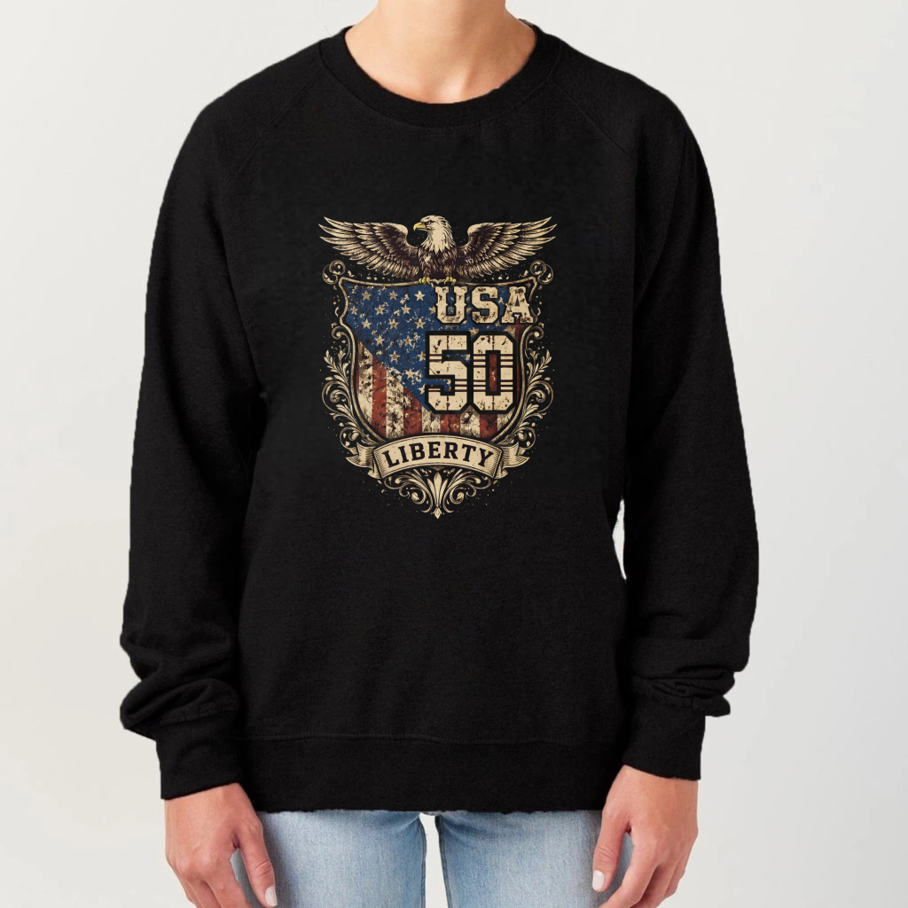 Usa 50 Liberty Eagle American Flag Sweatshirt Crewneck Pullover Long Sleeve Black