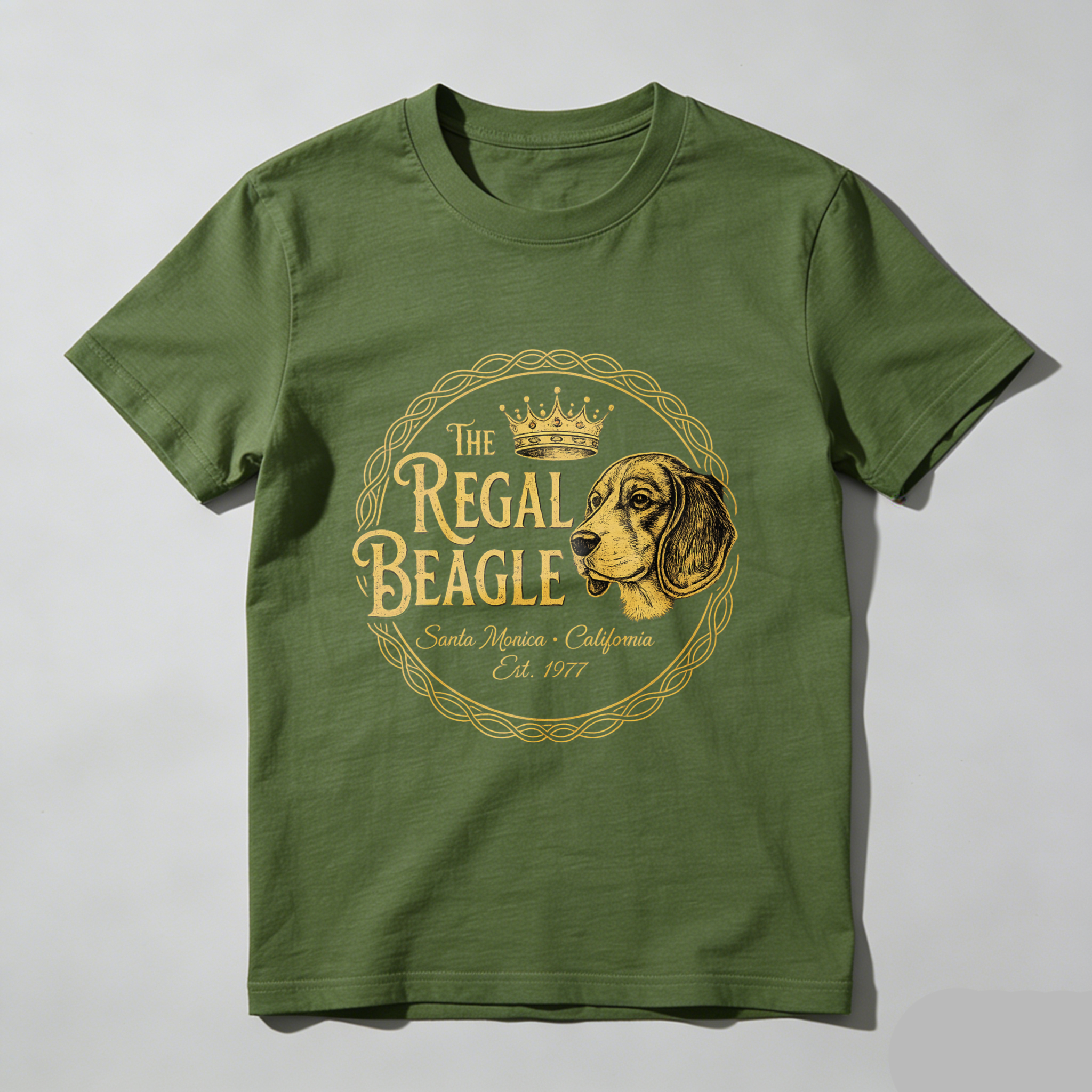 TEECURENT The Regal Beagle Dog T-Shirt Santa Monica California Established 1977 Vintage Canine Graphic Tee Black Gold Design