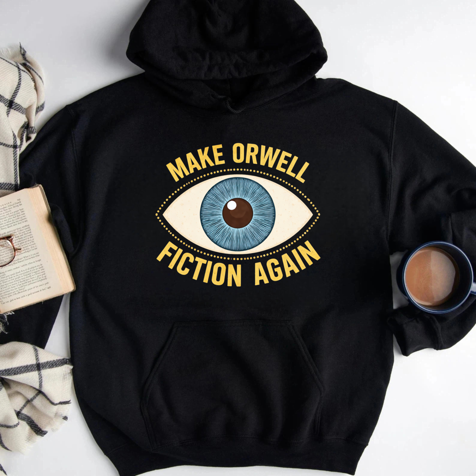 TEECURENT Gildan Make Orwell Fiction Again Hoodie With Eye Graphic Black Sweatshirt For Men Women Unisex Casual Wear Book Lovers Gift