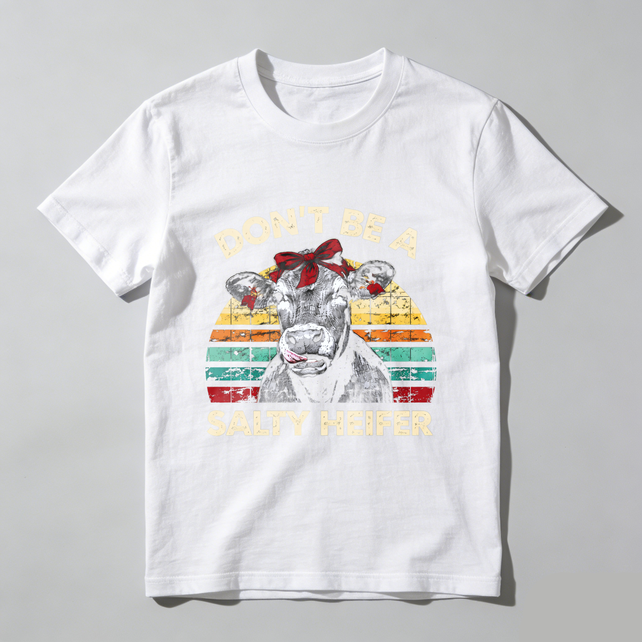 TEECURENT Dont Be A Salty Heifer Vintage Cow Graphic T-Shirt Funny Farm Animal Humor Shirt WOMEN