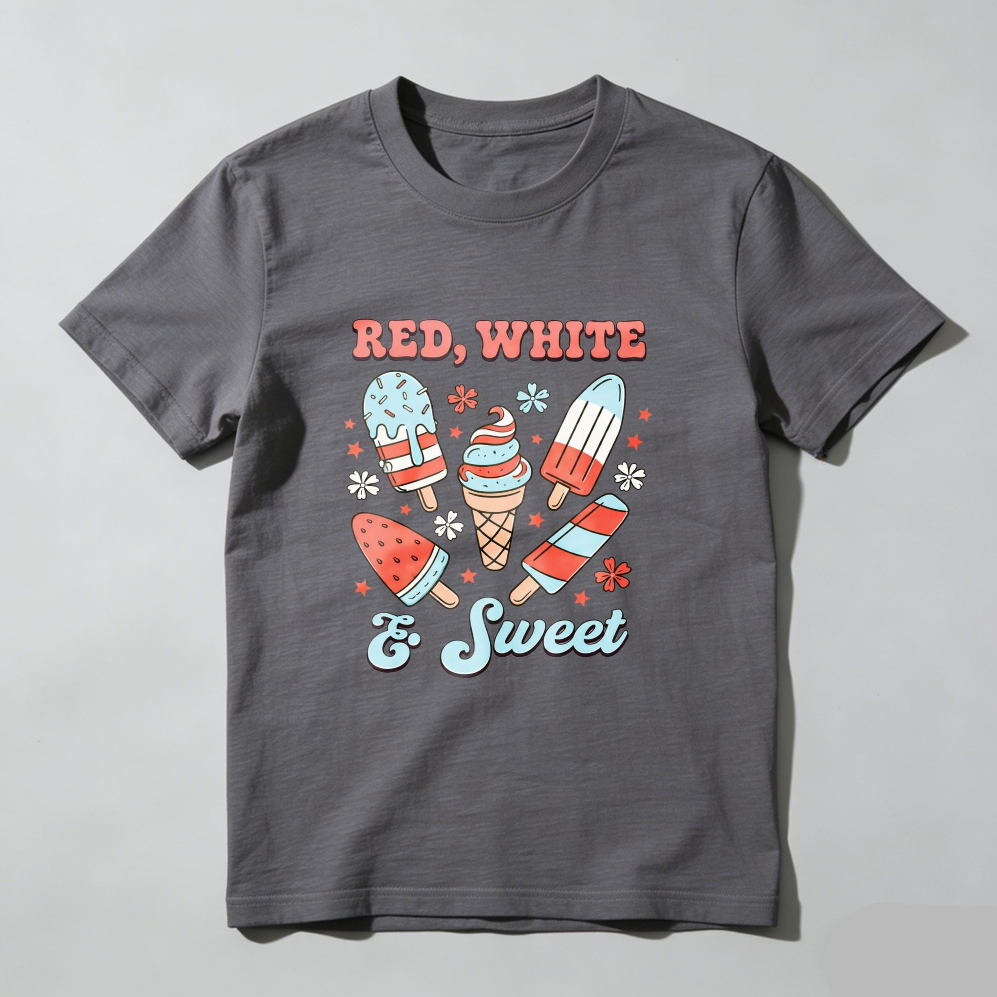TEECURENT Red White And Sweet Ice Cream Pops Patriotic Summer T Shirt WOMEN