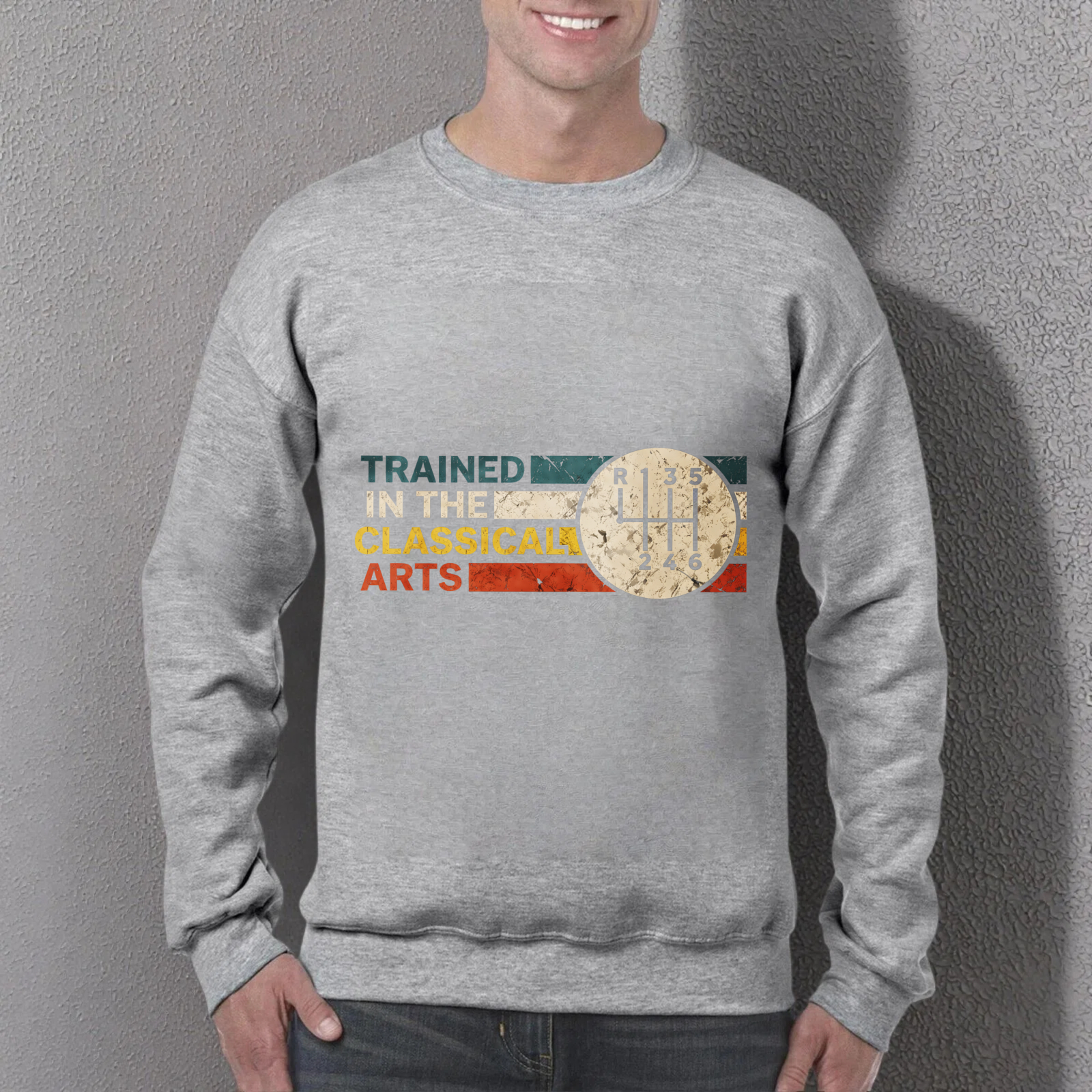 TEECURENT Trained In The Classical Arts Sweatshirt With Gear Shift Design Black Crewneck Pullover