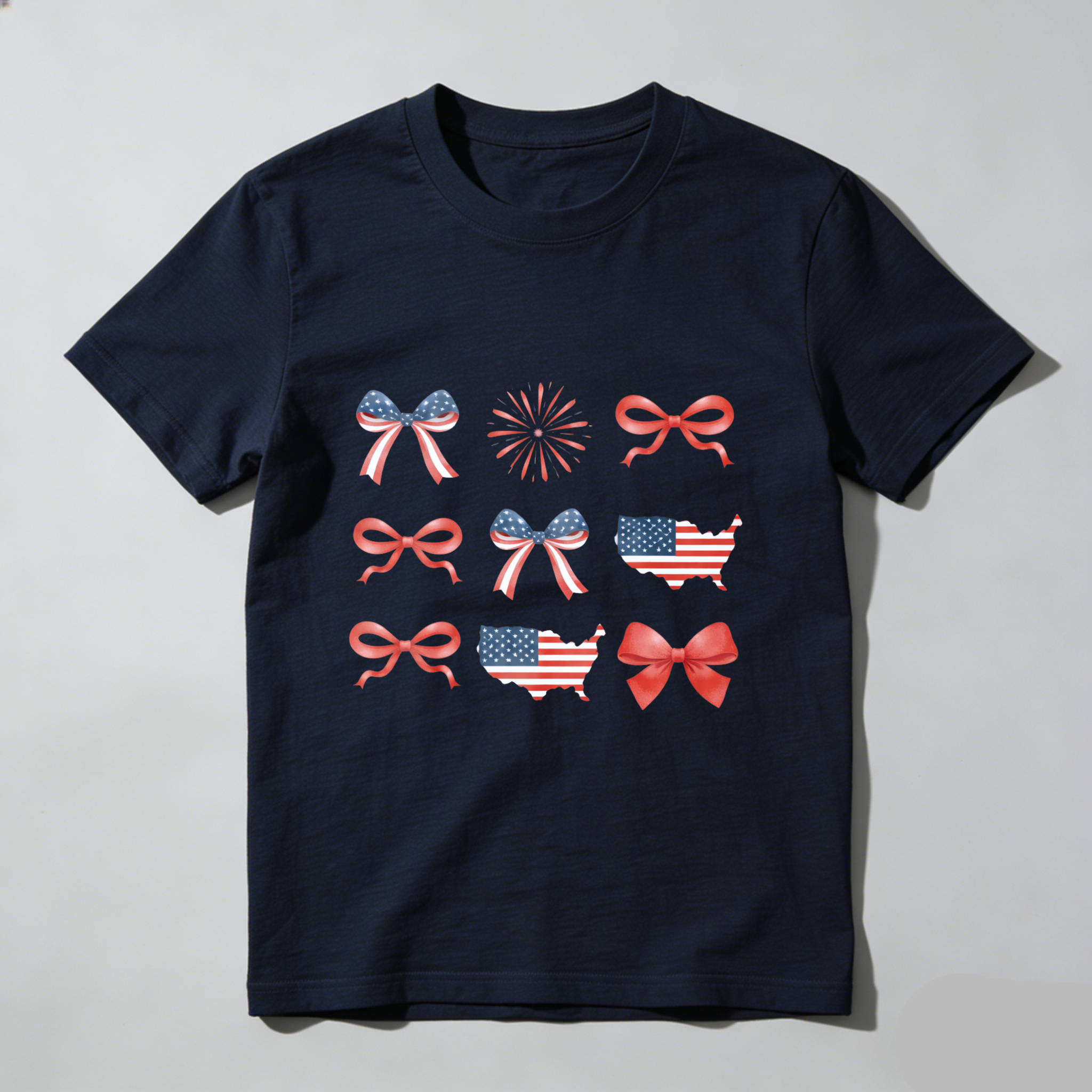 TEECURENT Patriotic Usa Flag Bow Fireworks Map T Shirt Independence Day Celebration Apparel WOMEN