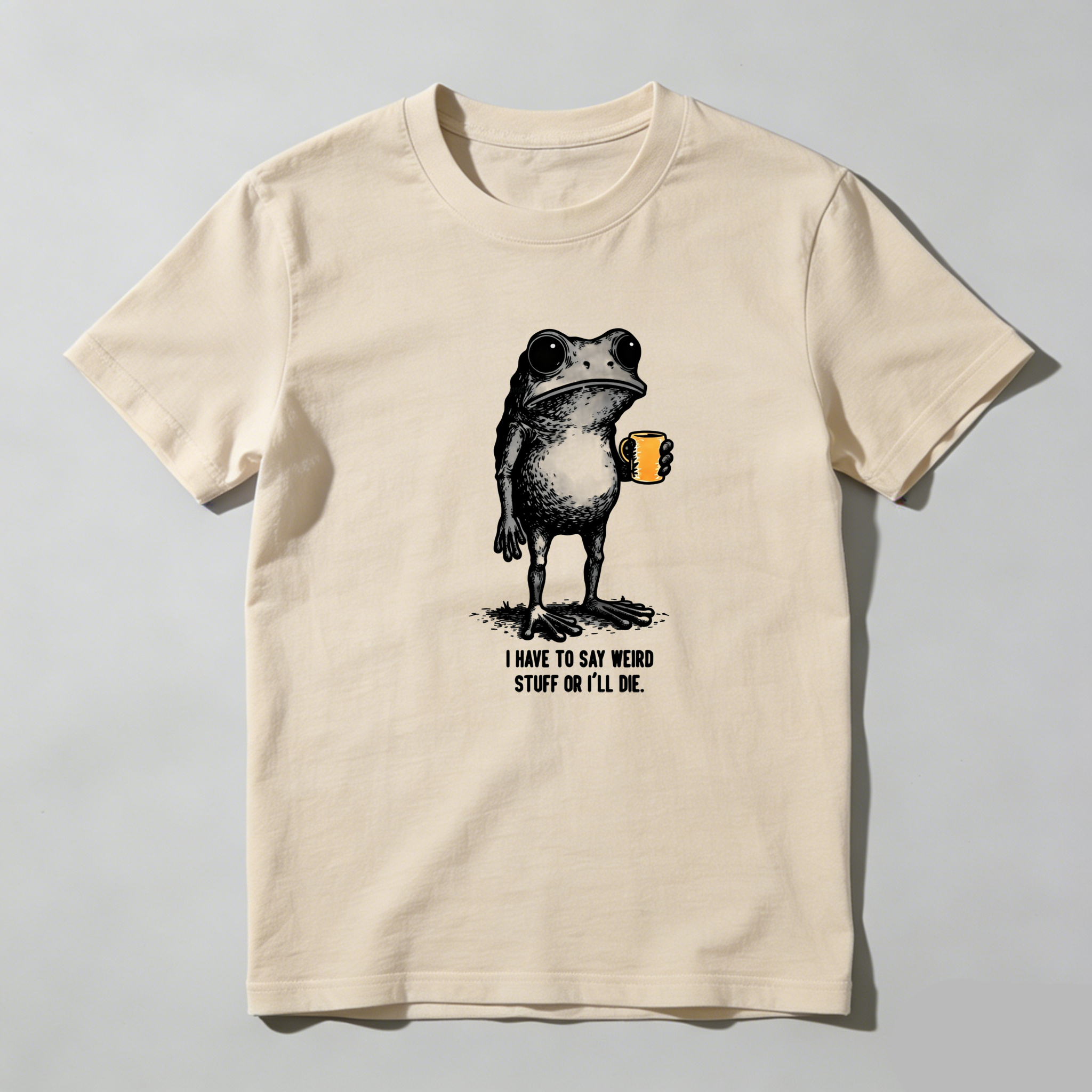 TEECURENT Frog Holding Mug With Text Pure Cotton Short Sleeve T Shirt-TeeCurent