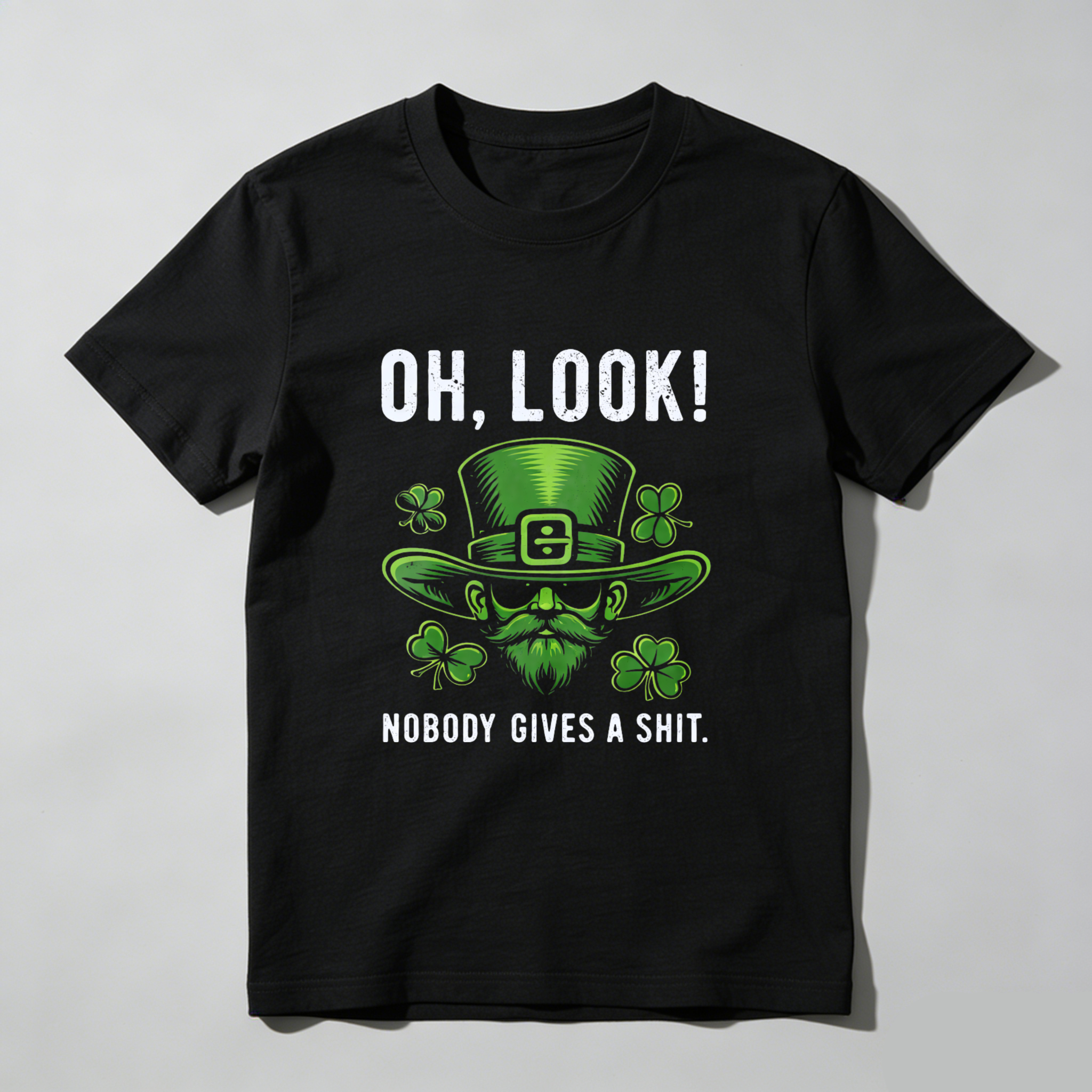 TEECURENT Oh Look Nobody Gives A Shit St Patrick's Day T-Shirt With Leprechaun Hat And Shamrocks Design For Men Women Funny Irish Holiday Shirt