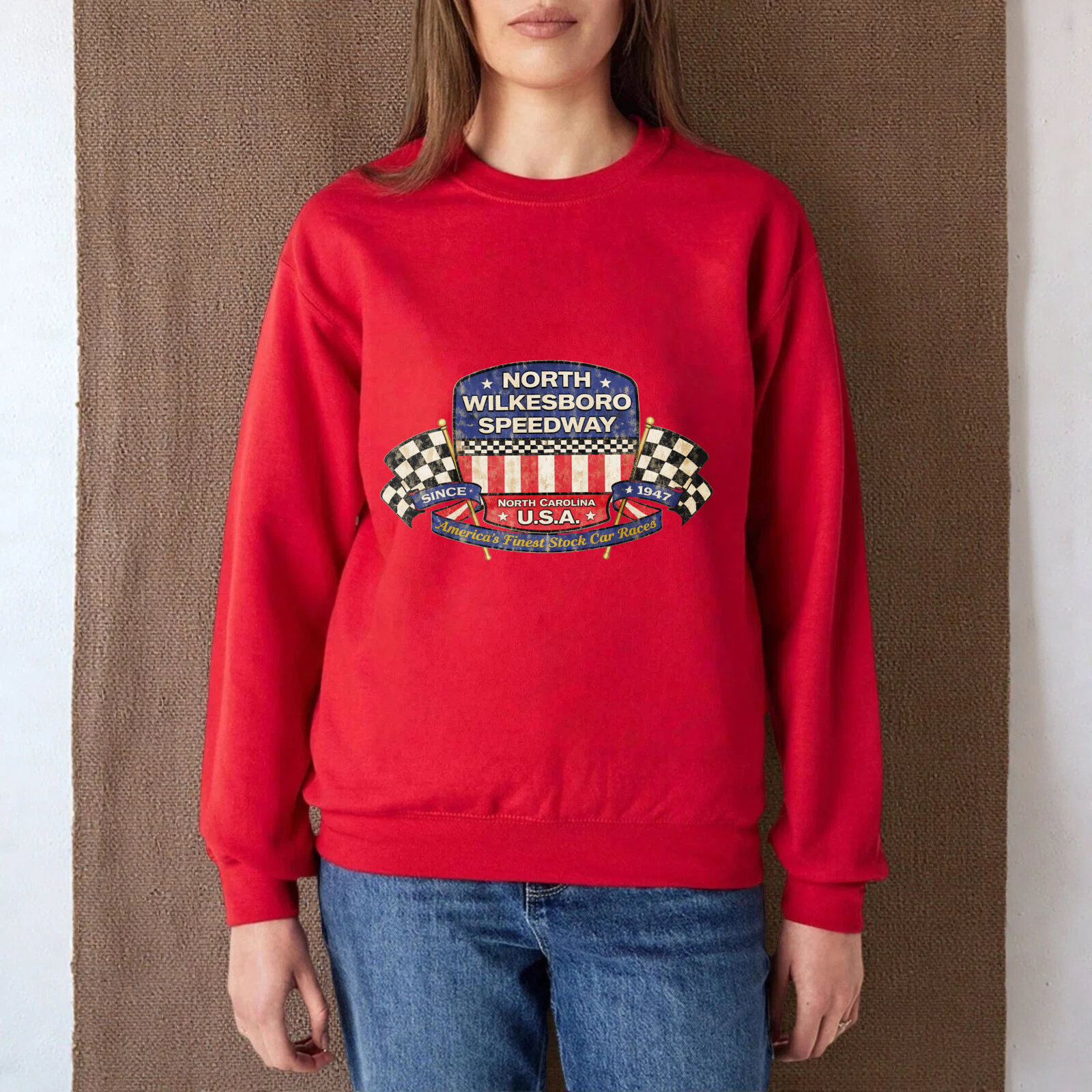 TEECURENT North Wilkesboro Speedway Usa Racing Sweatshirt Black Crewneck Long Sleeve Pullover Shirt