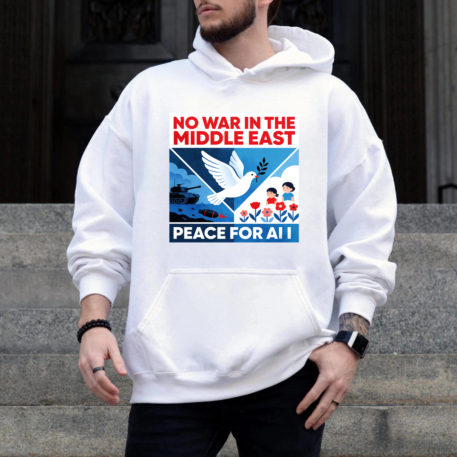 TEECURENT No War In The Middle East Peace For All Hoodie Black Sweatshirt With Graphic Design And Message For Peace Awareness And Social Statement