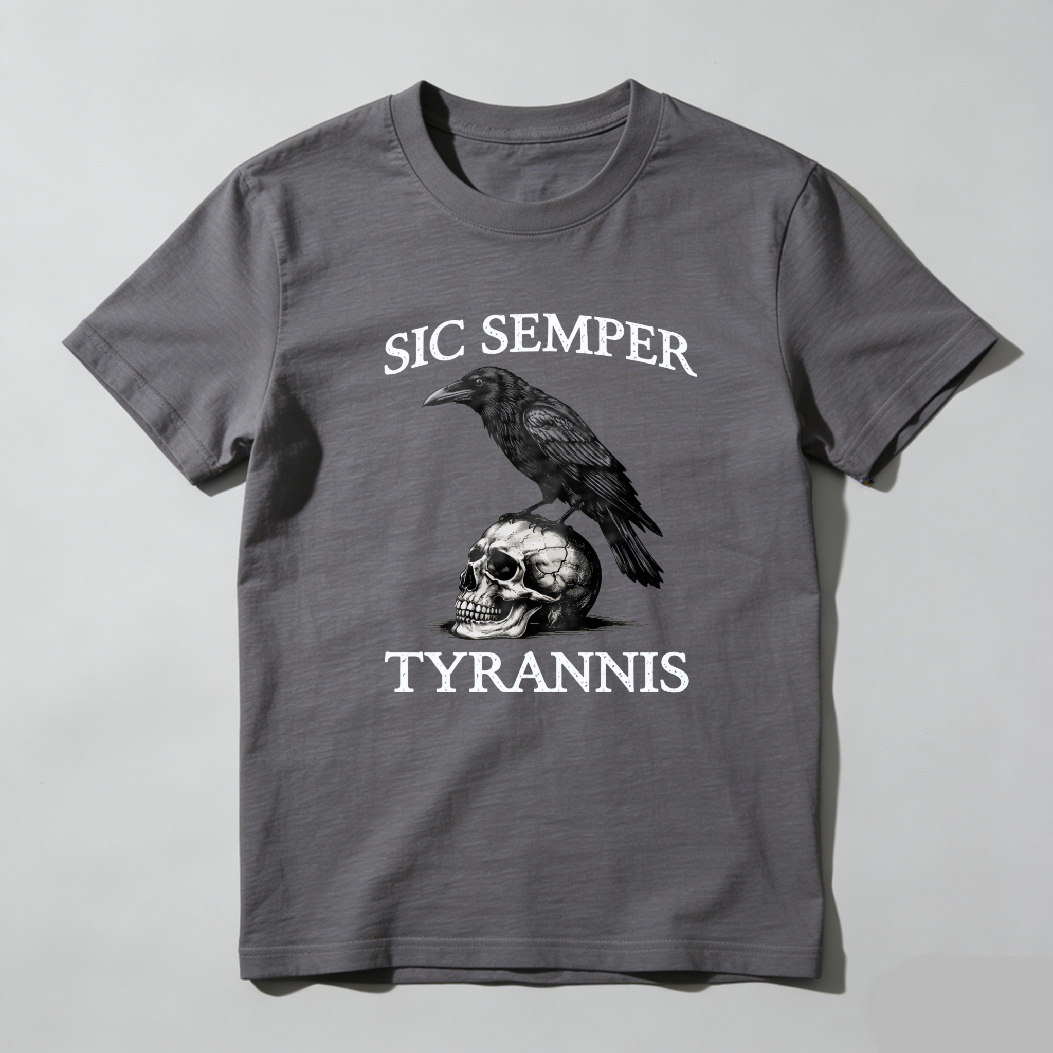 TEECURENTSic Semper Tyrannus Raven Skull T Shirt Black Graphic Tee Men Women Unisex Fashion Statement Top-TeeCurent