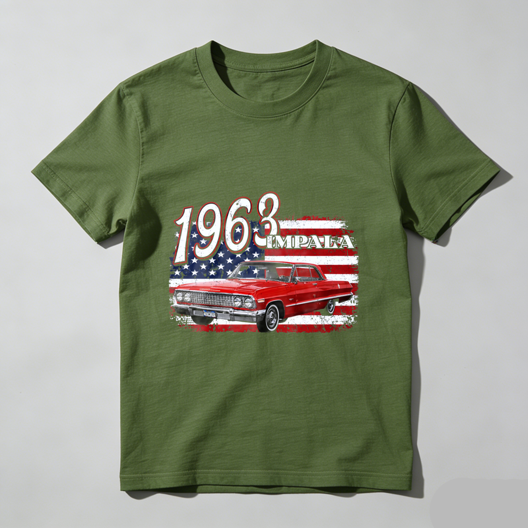 1963 Impala Classic Car American Flag T Shirt Men Women Vintage Muscle Car Automotive Clothing Gift For Car Enthusiasts