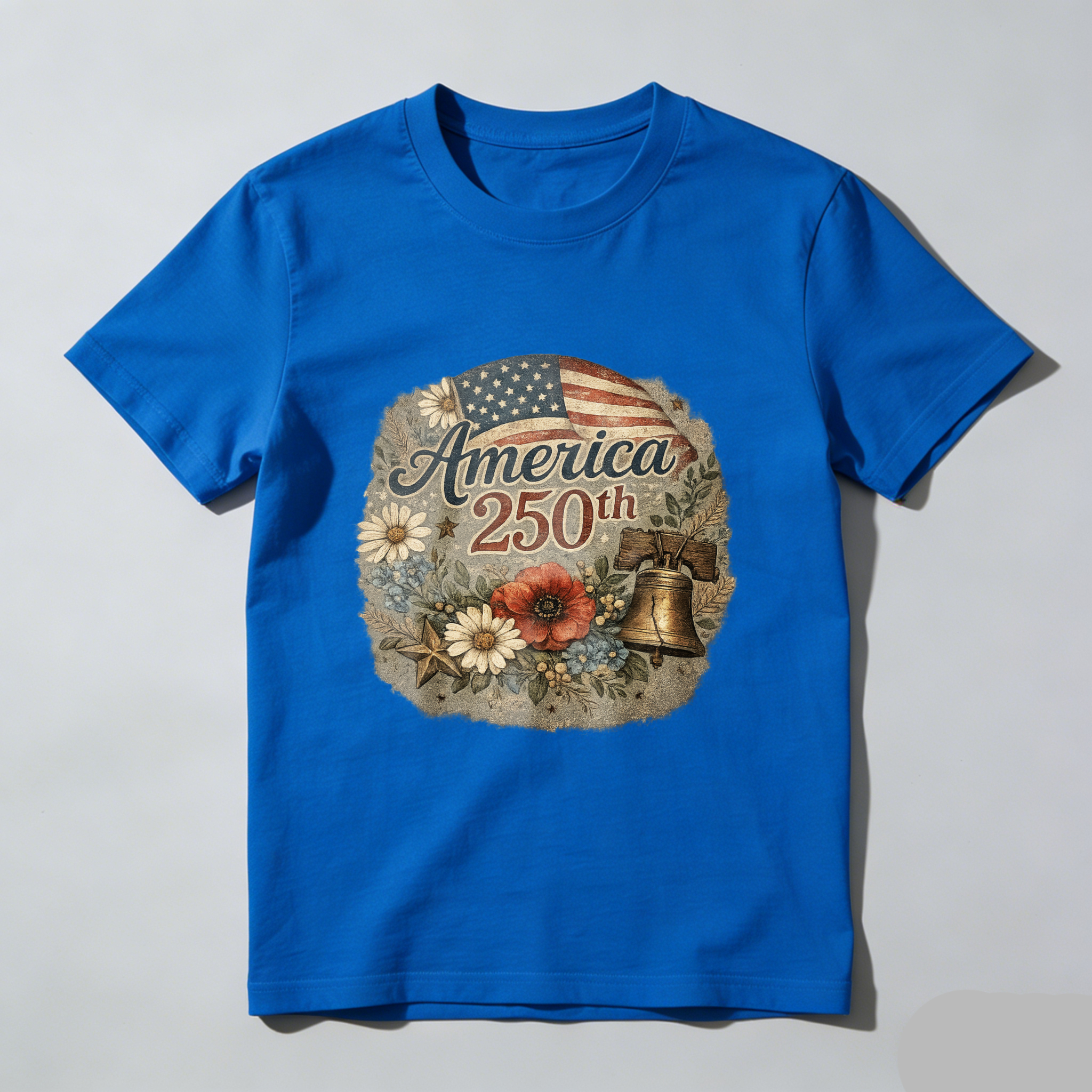 America 250th Anniversary Independence Day Patriotic T Shirt With American Flag Liberty Bell And Flowers Design