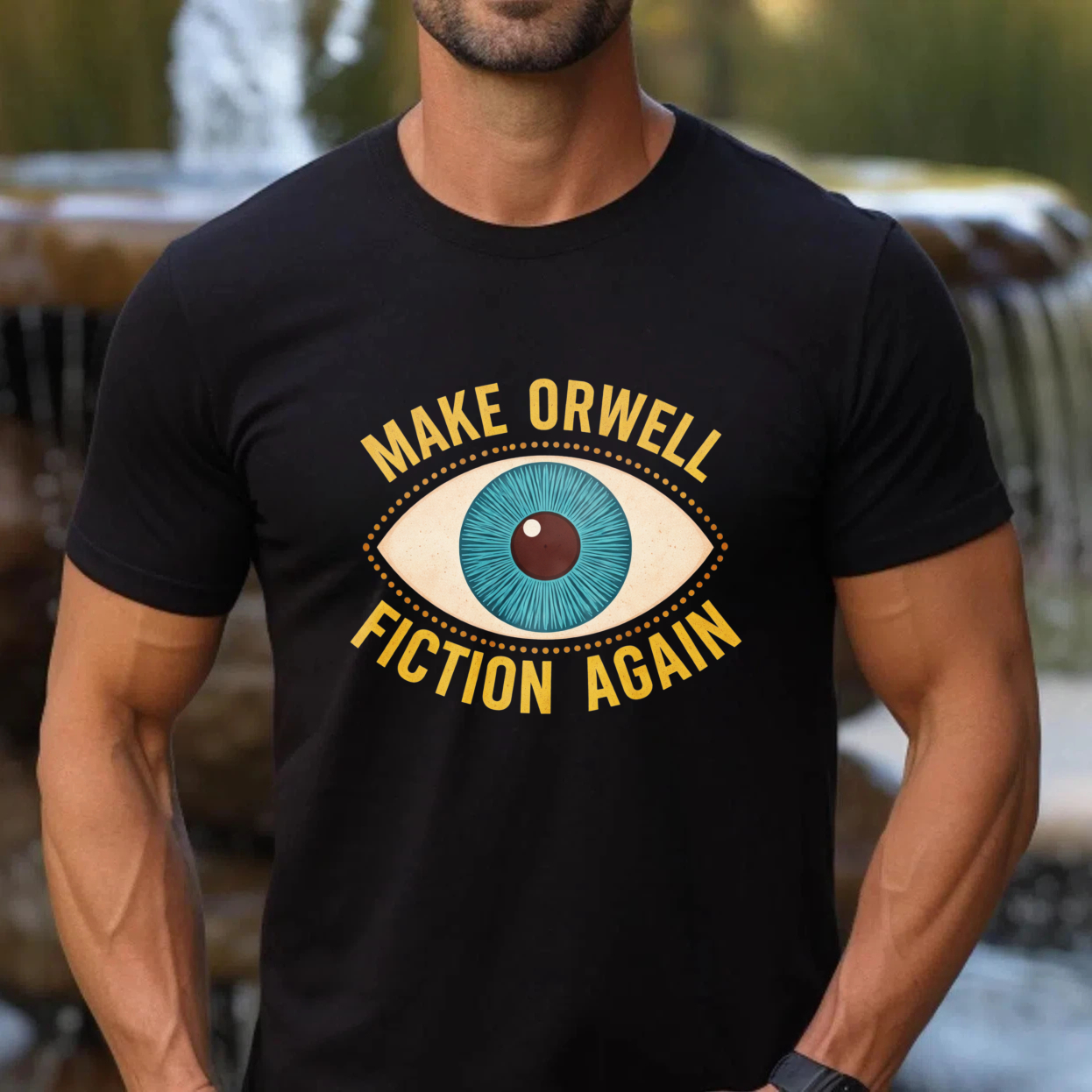 TEECURENTMake Orwell Fiction Again T Shirt With Eye Design Black Graphic Tee For Men And Women-TeeCurent