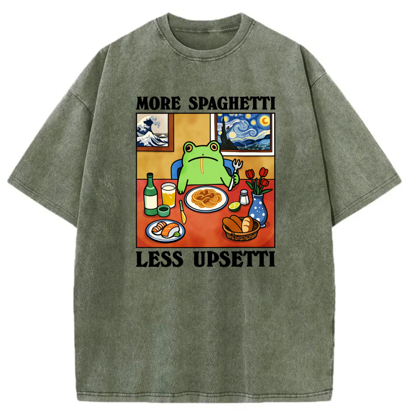 Frog Eating Spaghetti At Table With Art tshirt 100% cotton