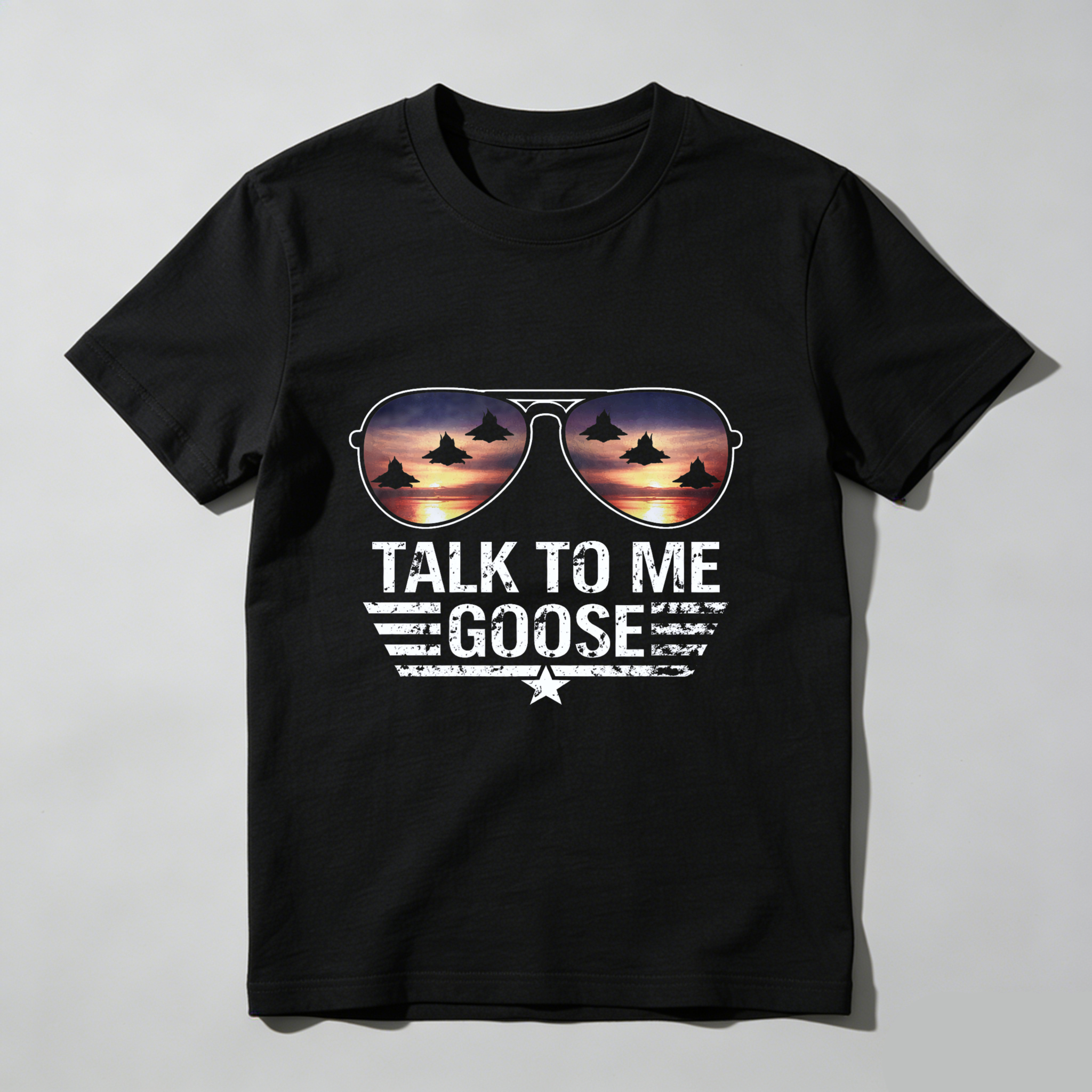 TEECURENT Talk To Me Goose Aviator Sunglasses T-Shirt Top With Jet Fighters Sunset Design For Men And Women