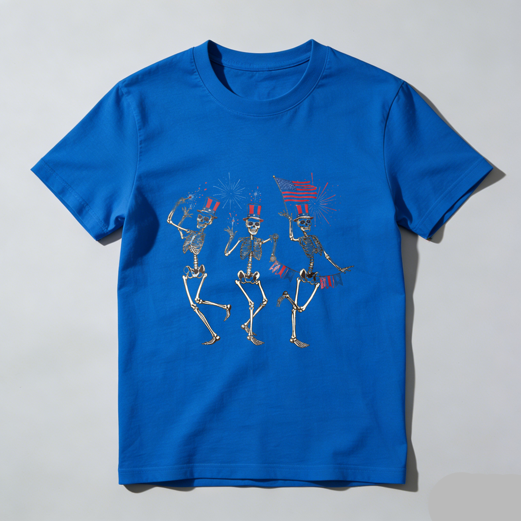TEECURENT Skeletons Dancing With American Flag And Fireworks Independence Day Patriotic T Shirt WOMEN