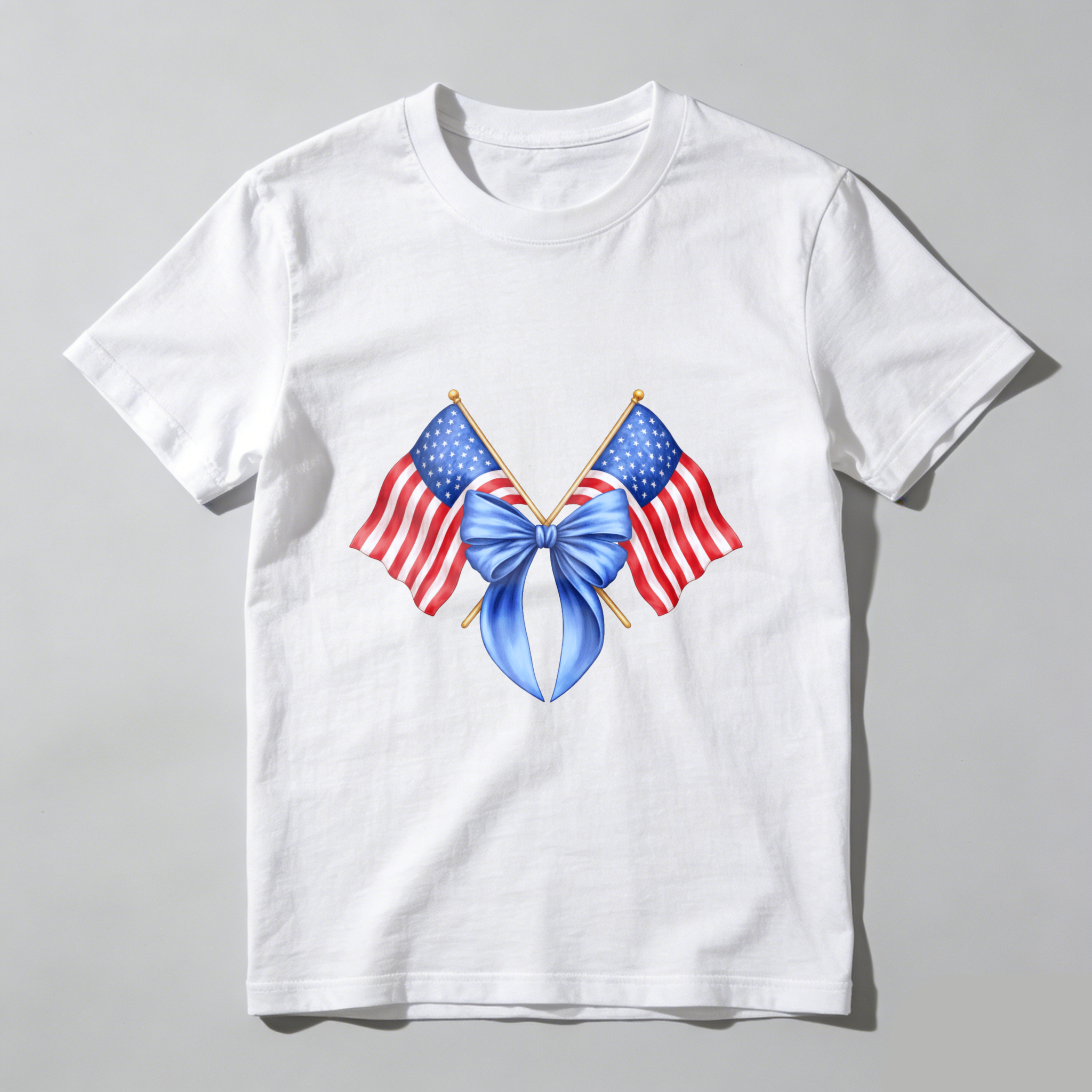 TEECURENT American Flag Crossed With Blue Bow Patriotic T Shirt WOMEN