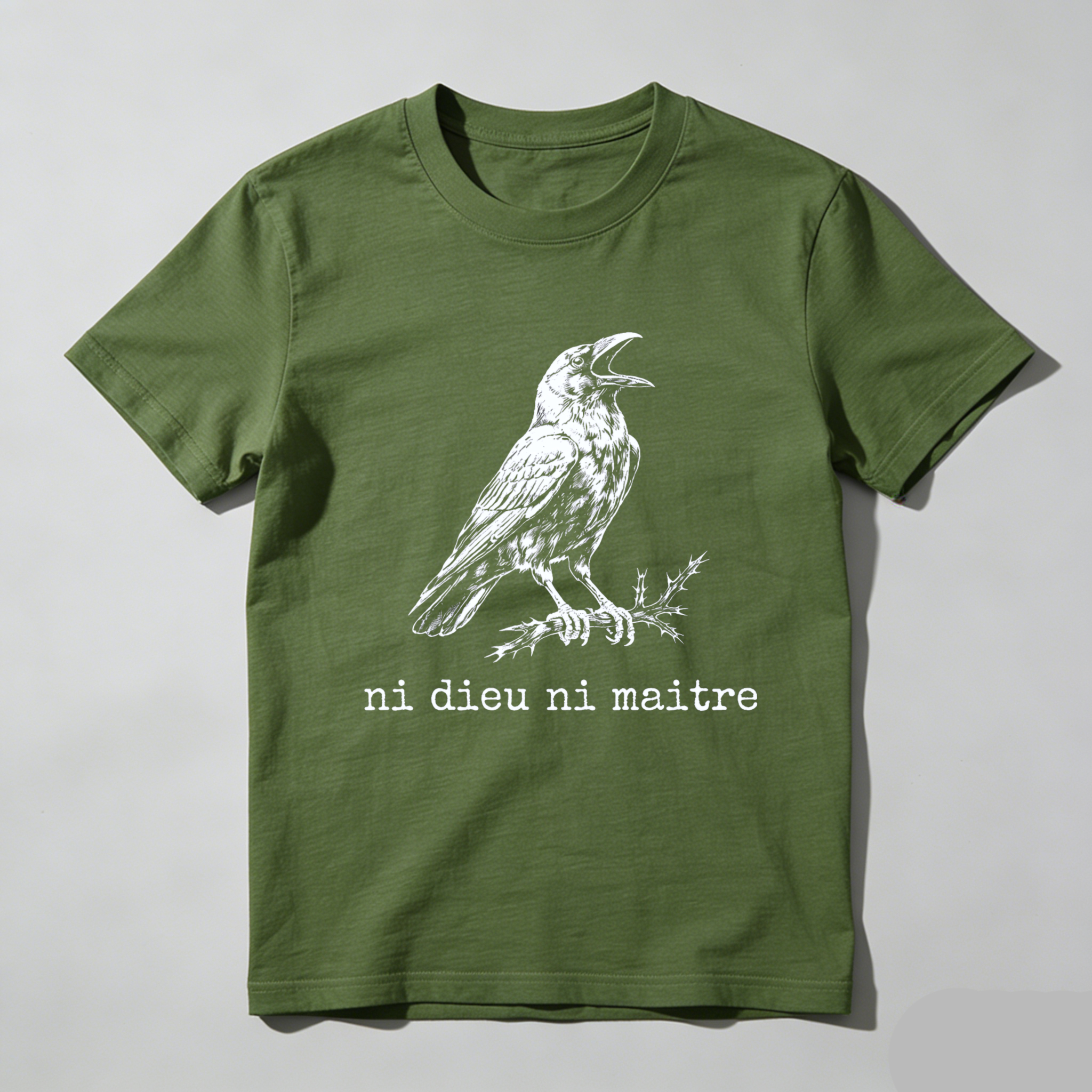 TEECURENTBlack T Shirt With Raven And Ni Dieu Ni Maitre Text For Men And Women-TeeCurent