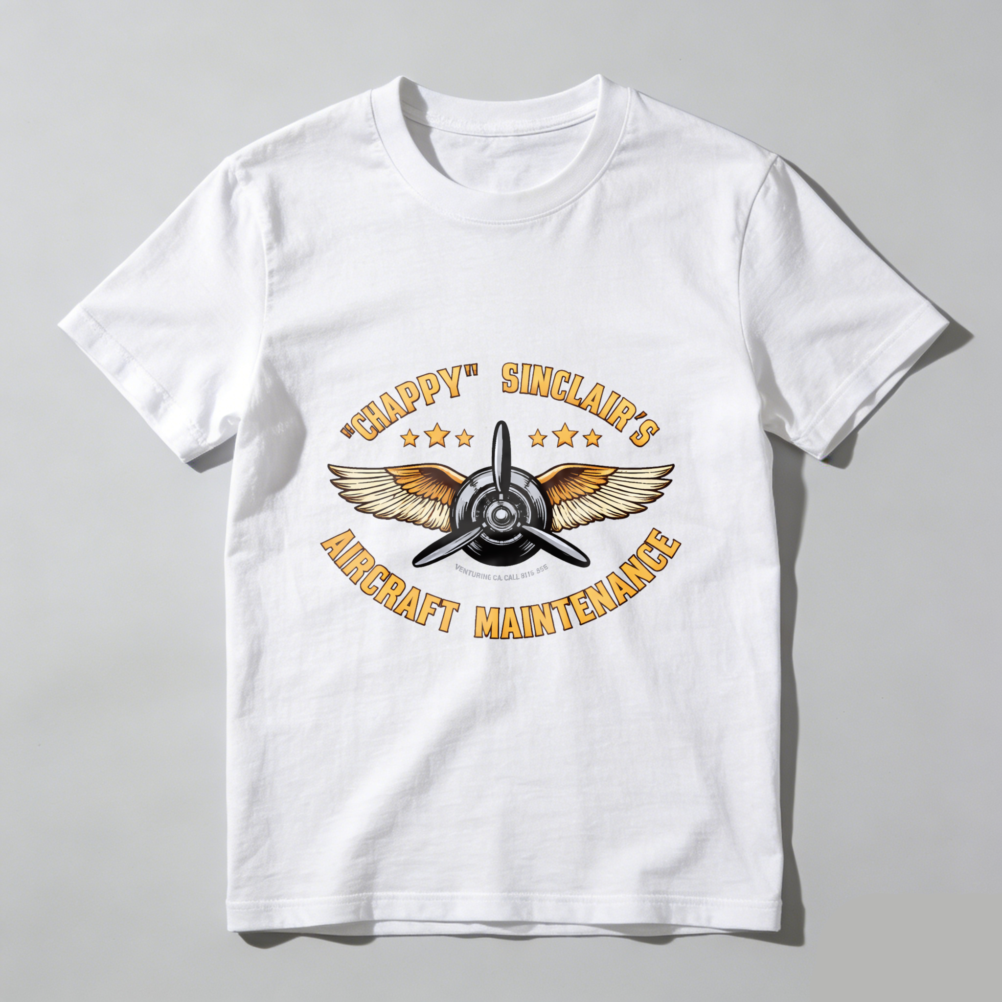 Chappy Sinclairs Aircraft Maintenance T Shirt Aviation Inspired Design With Wings And Propeller Graphic For Flight Enthusiasts