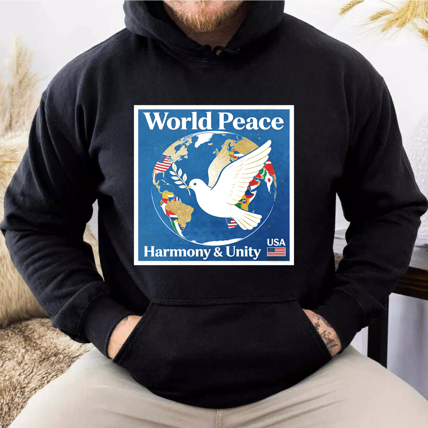 TEECURENT World Peace Harmony And Unity Usa Hoodie Global Dove Design Black Sweatshirt For Men Women Unisex Casual Wear