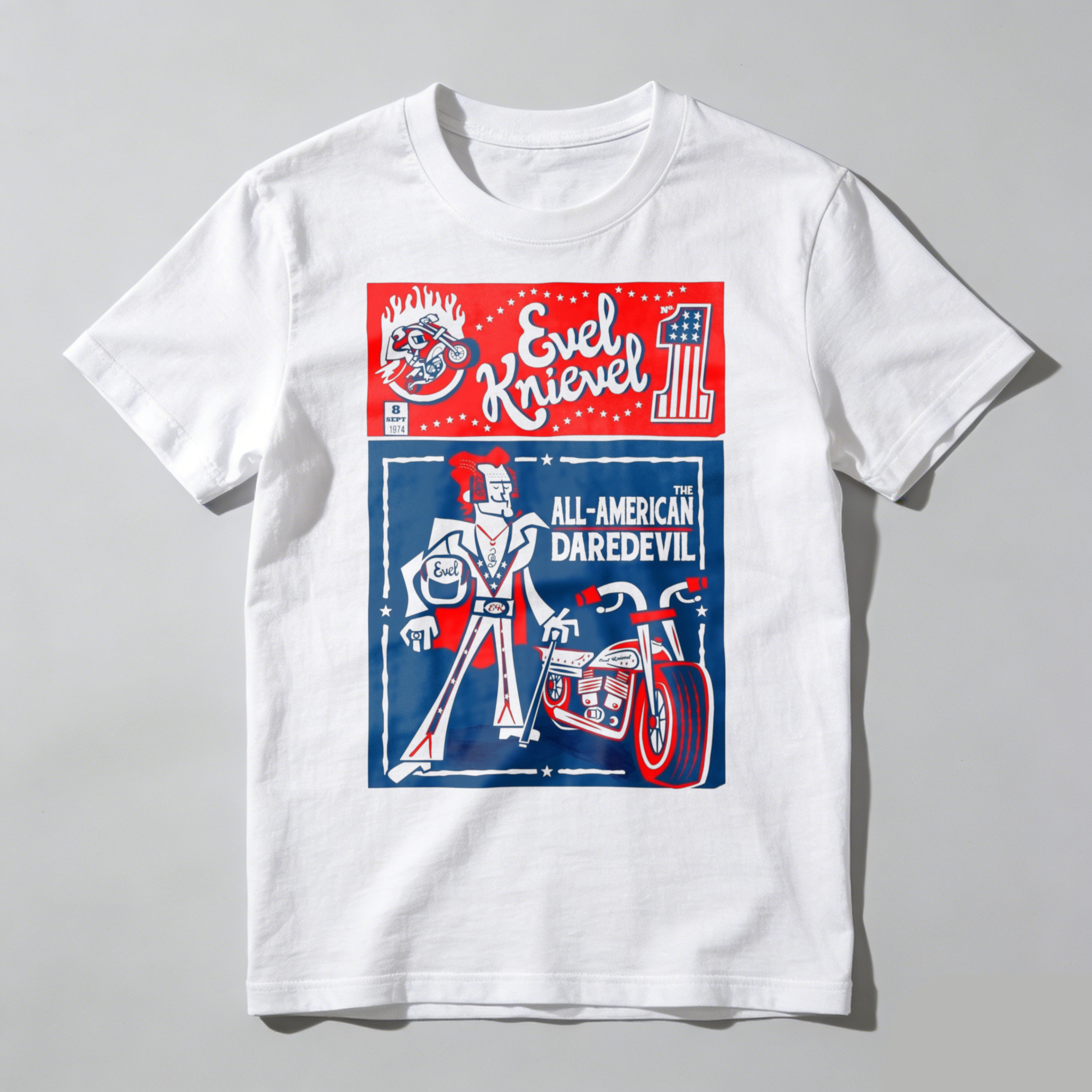 All American Daredevil Vintage Style Graphic T-Shirt Casual Top Retro Motorcycle Stunt Rider Design Cotton T-Shirt