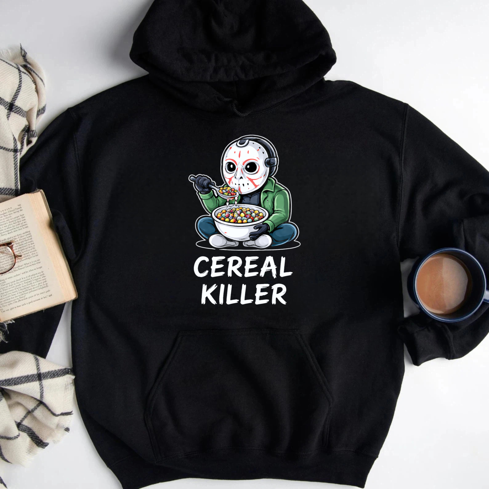 TEECURENT Gildan Cereal Killer Halloween Hoodie With Jason Voorhees Eating Cereal Design Funny Horror Sweatshirt For Men Women Unisex Black Pullover