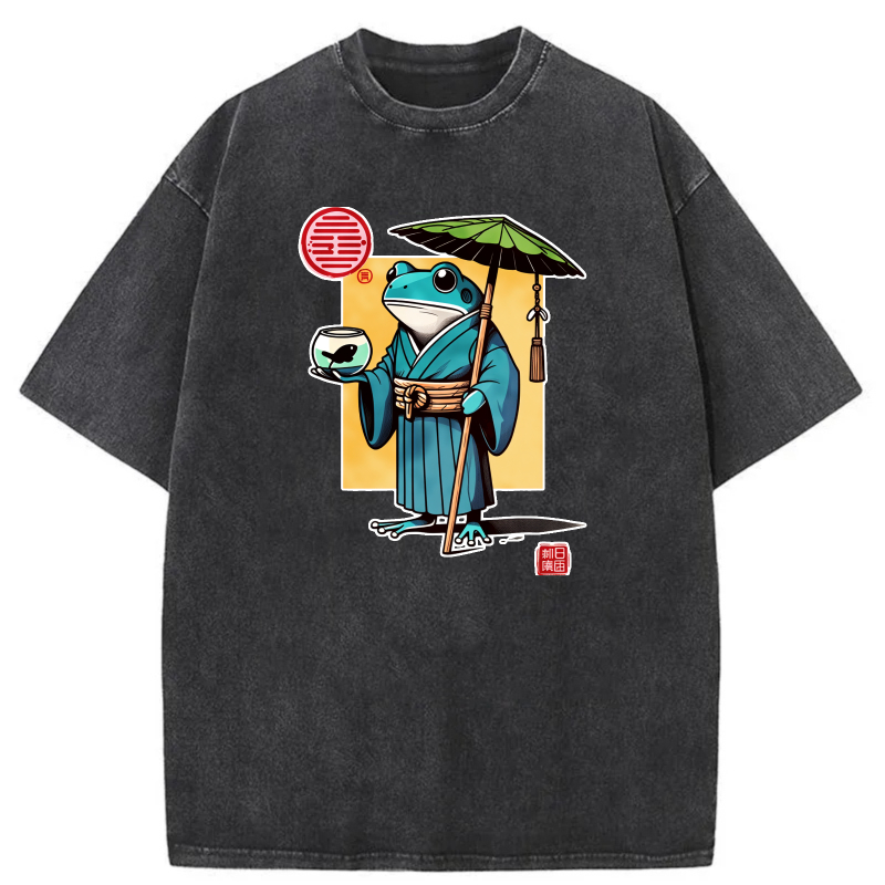 Frog In Kimono Holding Umbrella And Tea Cup tshirt 100% cotton