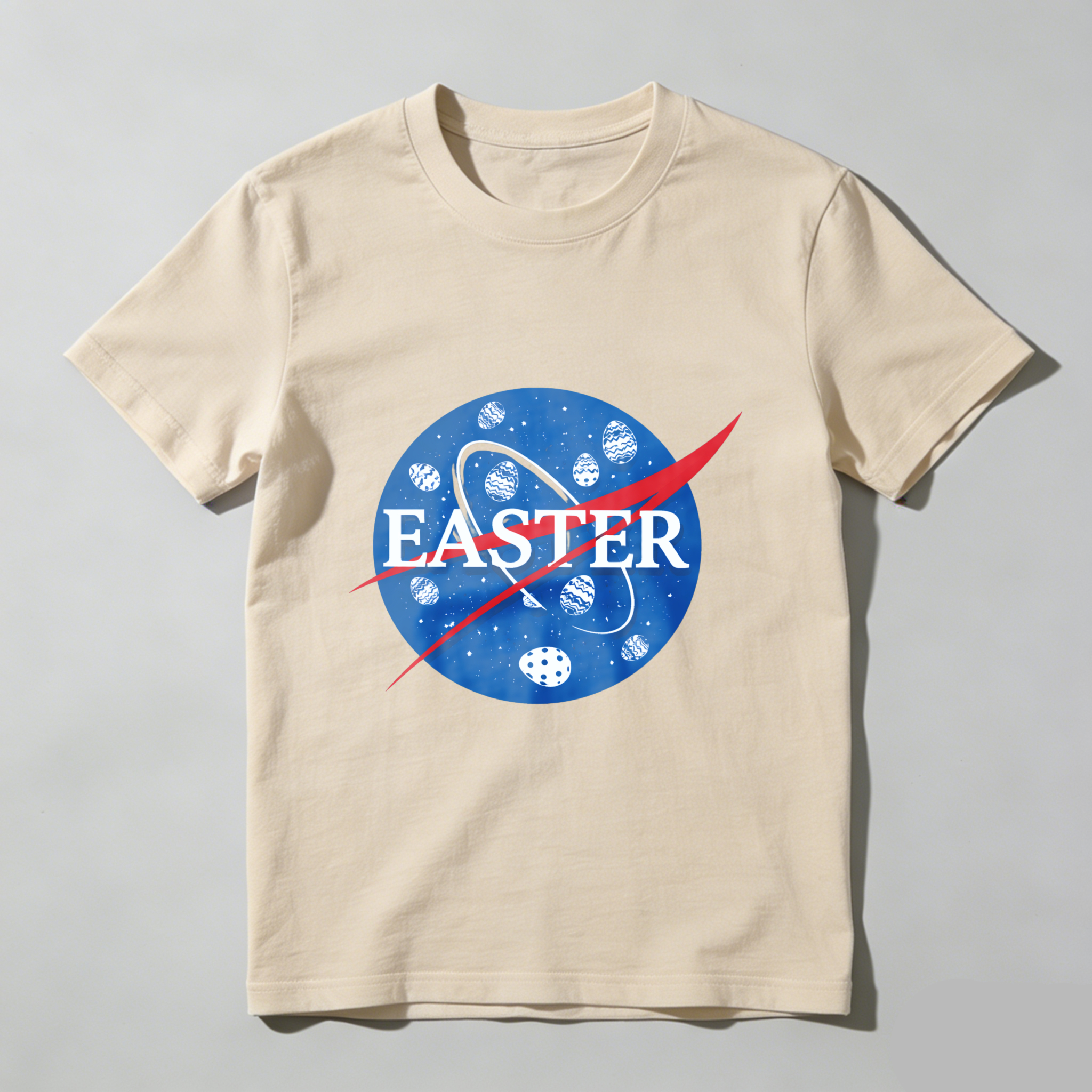 TEECURENT Easter Space Theme T-Shirt With Egg Pattern And Nasa Style Logo Design For Easter Celebration
