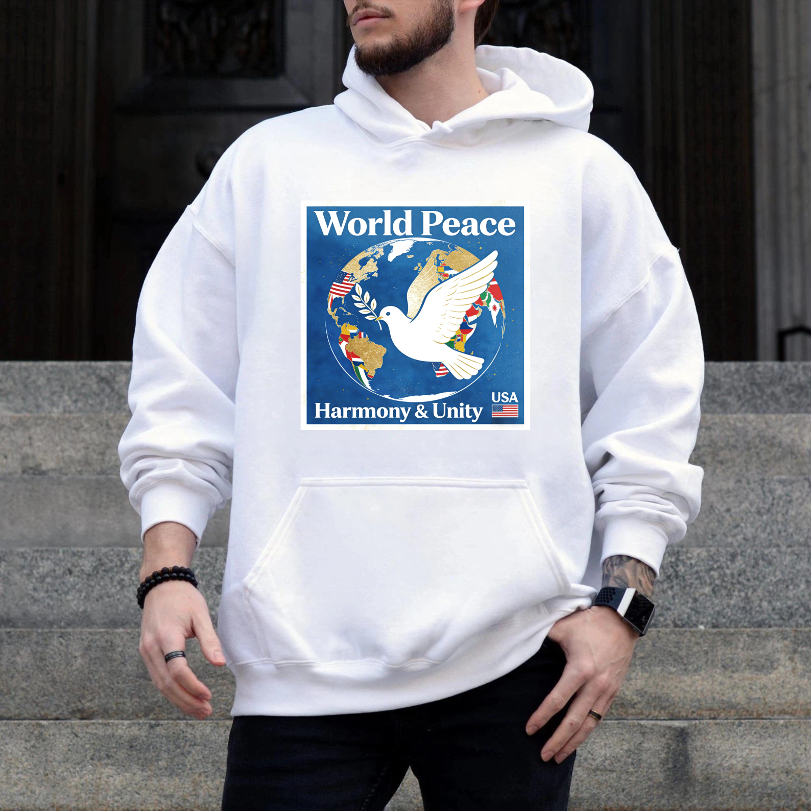 TEECURENT World Peace Harmony And Unity Usa Hoodie Global Dove Design Black Sweatshirt For Men Women Unisex Casual Wear