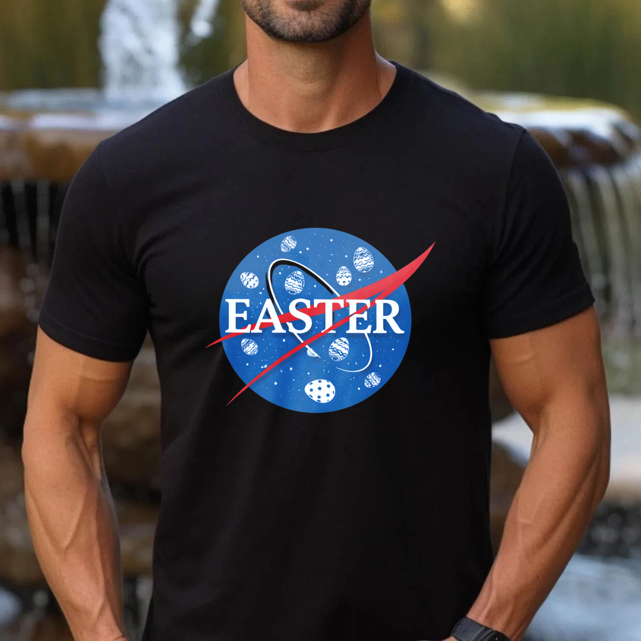 TEECURENT Easter Space Theme T-Shirt With Egg Pattern And Nasa Style Logo Design For Easter Celebration